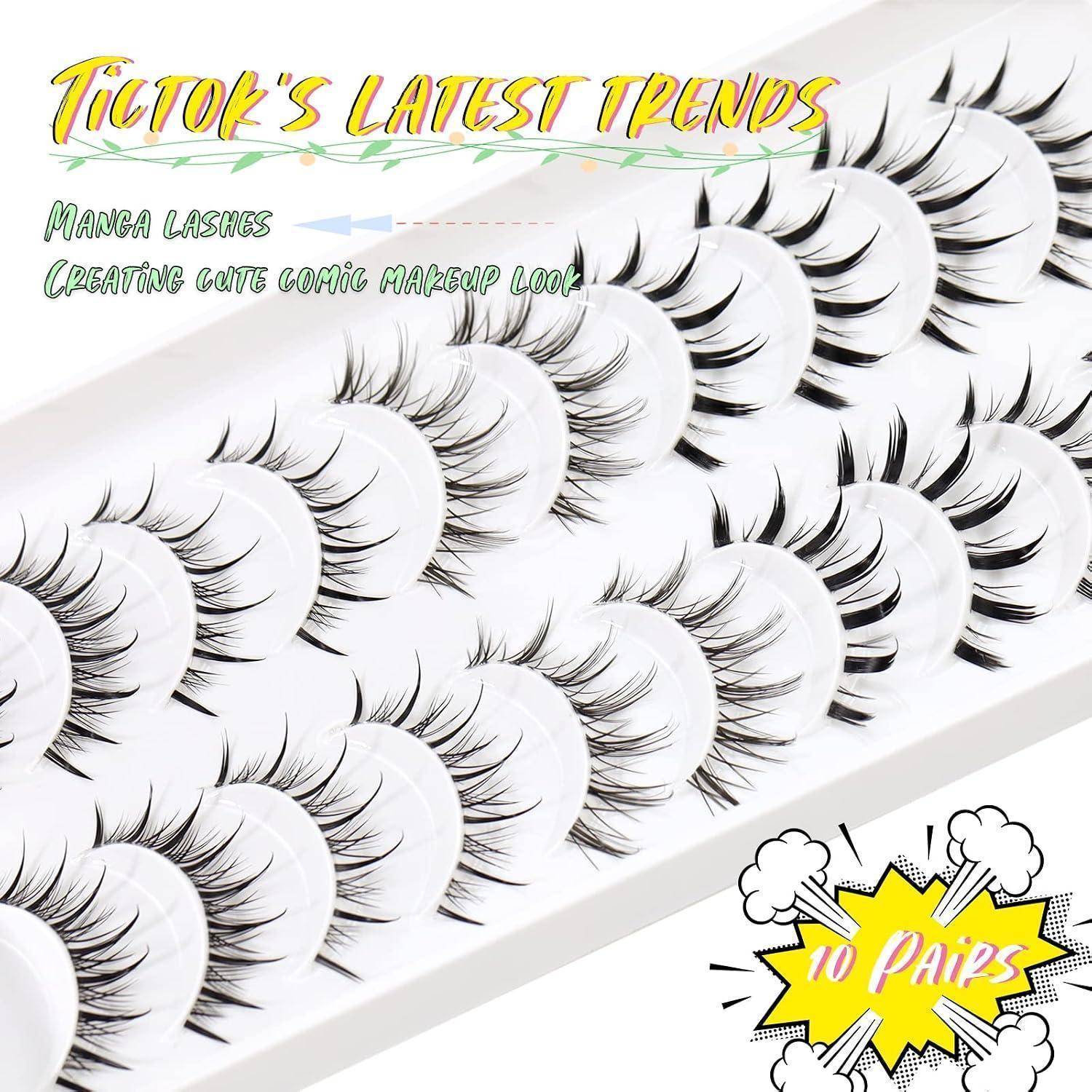 Grafik mit Reihen dramatischer falscher Wimpern mit dem Text „TikToks neueste Trends