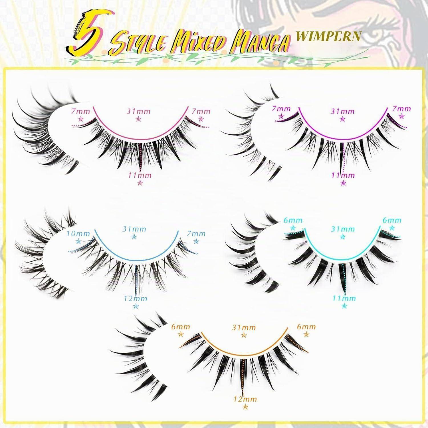 Produktbild mit 5 gemischten Manga-Wimpernstilen, jeweils mit Wimpernlängen in mm (7, 31, 11, 10, 12, 6) und unterschiedlichen Curl-/Spike-Mustern gekennzeichnet.