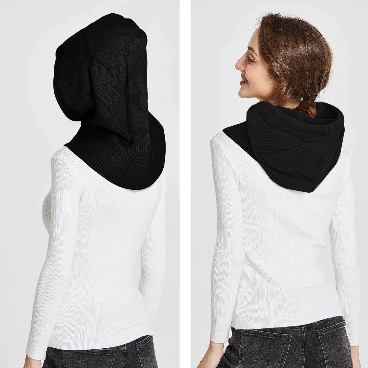 Geteiltes Bild, das eine Frau zeigt, die einen schwarzen gestrickten Kapuzensc­hal über ihrem Kopf und ihren Schultern drapiert trägt, gestylt mit einem weißen Oberteil und Jeans.