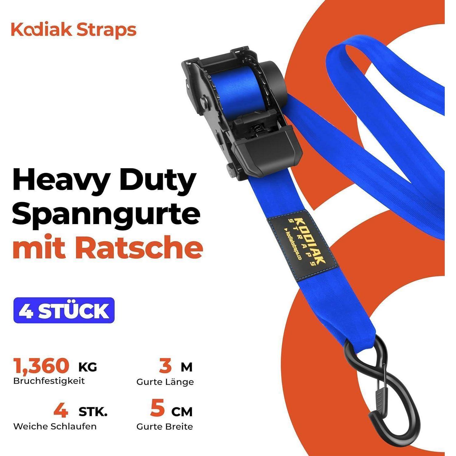 Kodiak Straps Ratschensystem-Spanngurt-Set, extrem belastbar, 4 Stück, Bruchfestigkeit 1.360 kg, 3 m lang, 5 cm breit.