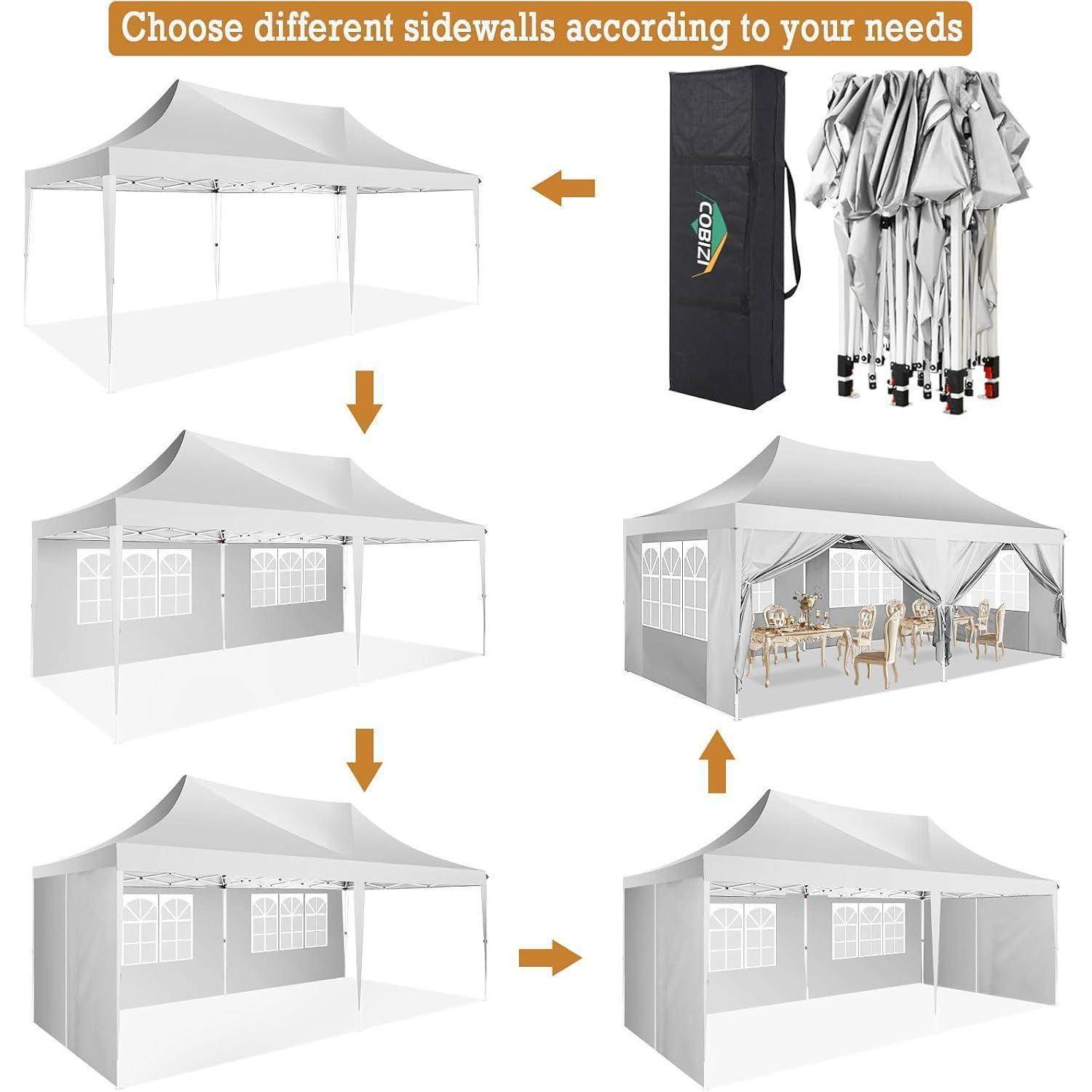 Diagramm eines Pavillon-Zeltes mit austauschbaren Seitenwänden: offen, mit Fenster, massiv und geschlossene Essbereiche, mit Aufbewahrungstasche und zusammengefalteten Paneelen.