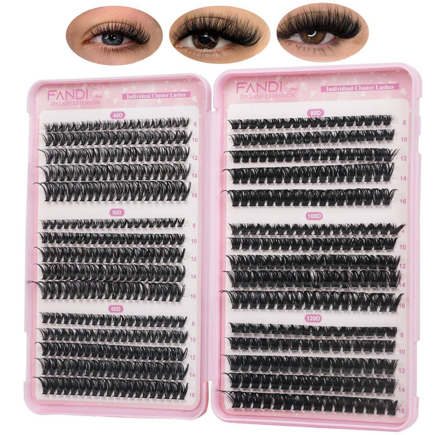 Rosa Tablett mit einzelnen Cluster-Wimpernfasern in mehreren Längen und Curling-Stilen, mit drei Augenfotografien oben, die die Wimperneffekt zeigen.