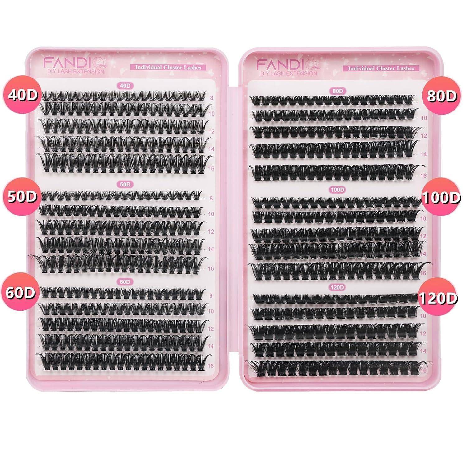 Zwei rosa Wimpernmuster-Tabletts mit den Beschriftungen 40D, 50D, 60D und 80D, 100D, 120D zeigen Reihen von schwarzen Wimpernverlängerungen in verschiedenen Längen.