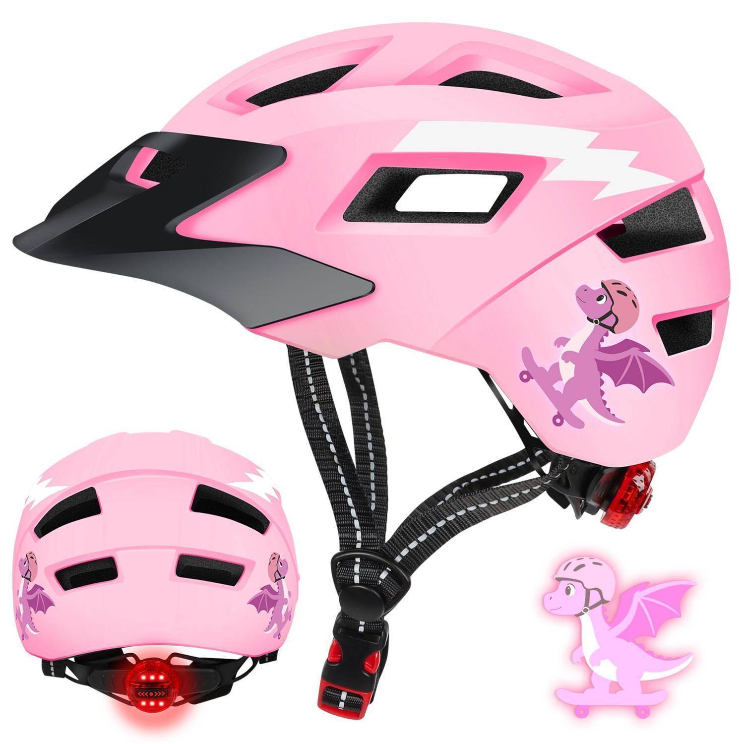 Rosa Kinderfahrradhelm mit schwarzen Belüftungsöffnungen, verstellbarem Kinnriemen, rotem Rücklicht und violettem Drachengrafik; gezeigt von Seiten- und Rückansicht.