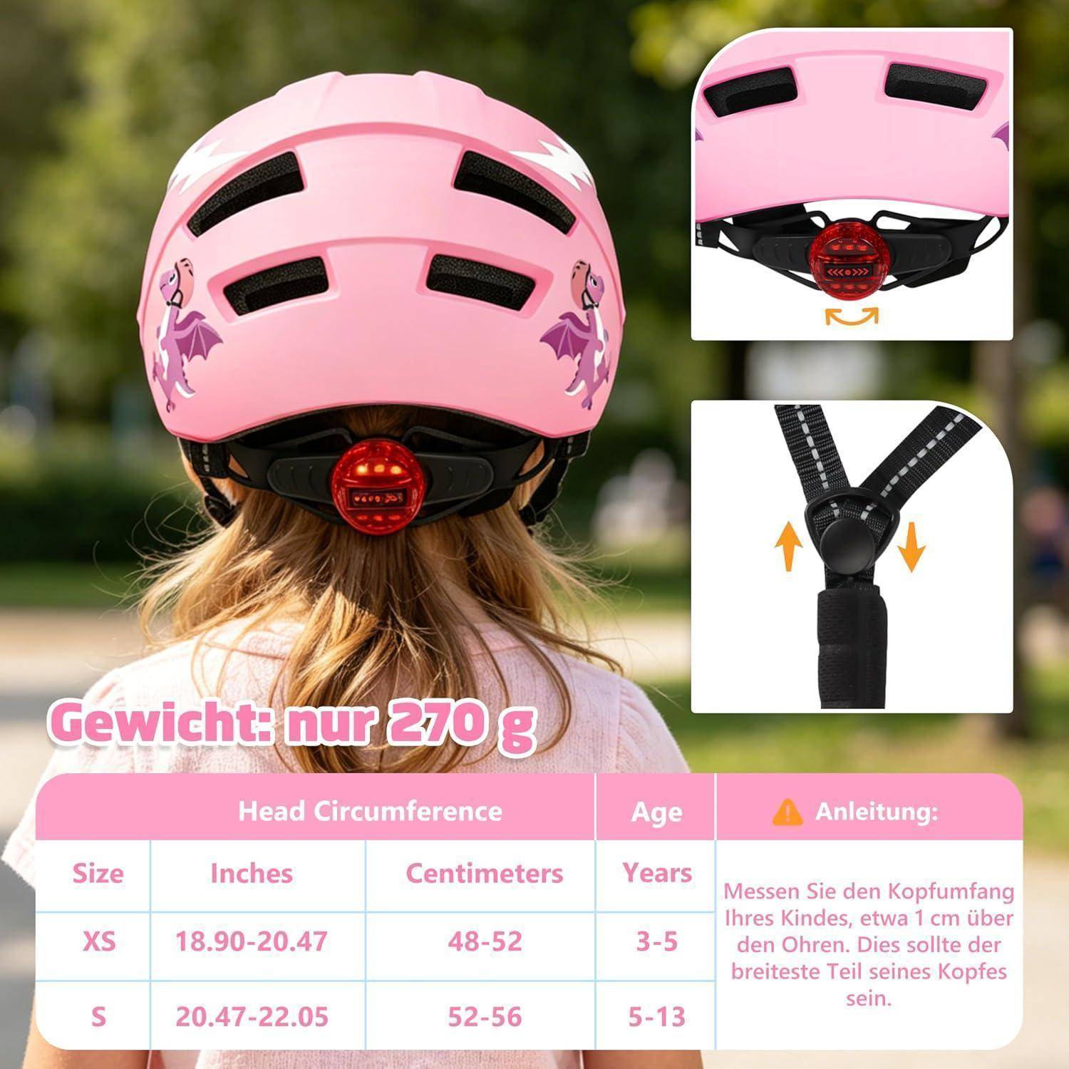 Rosa Kinderfahrradhelm von hinten gezeigt, mit Größentabelle in deutscher Sprache, die Kopfumfang, Alter und Gewicht von 270 g auflistet.