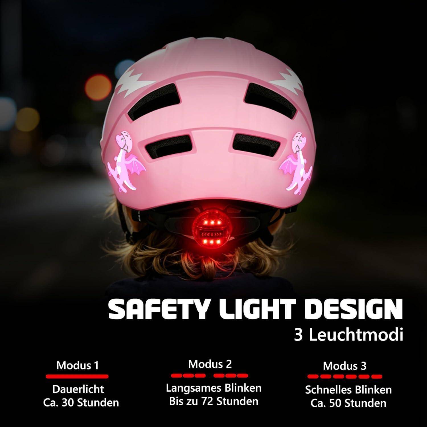 Rosa Fahrradhelm mit rotem Sicherheitslicht hinten, gekennzeichnet mit 