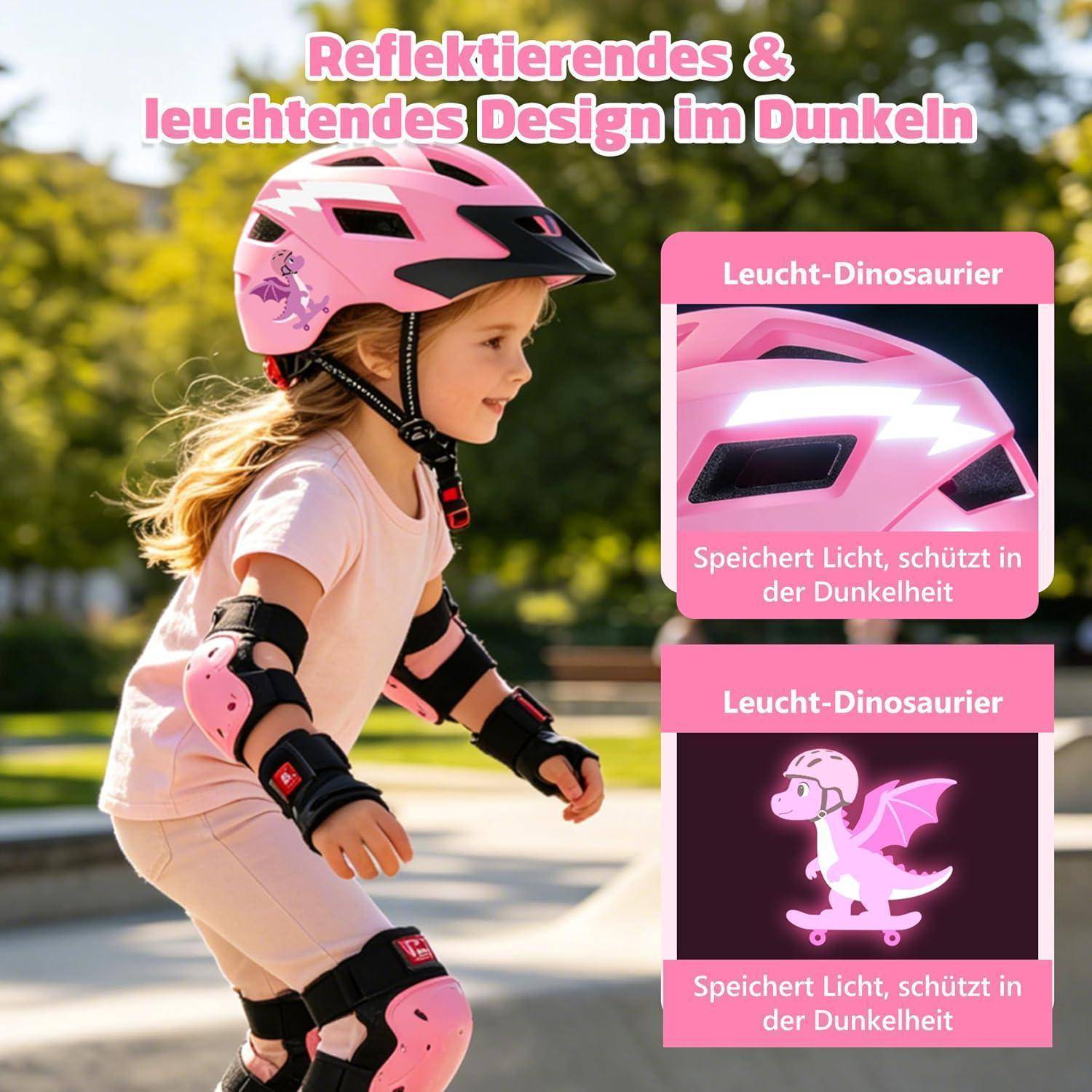 Kinderhelm und Schutzausrüstung in Rosa für ein Mädchen beim Schlittschuhlaufen, mit deutschem Werbetext für reflektierendes und leuchtendes 