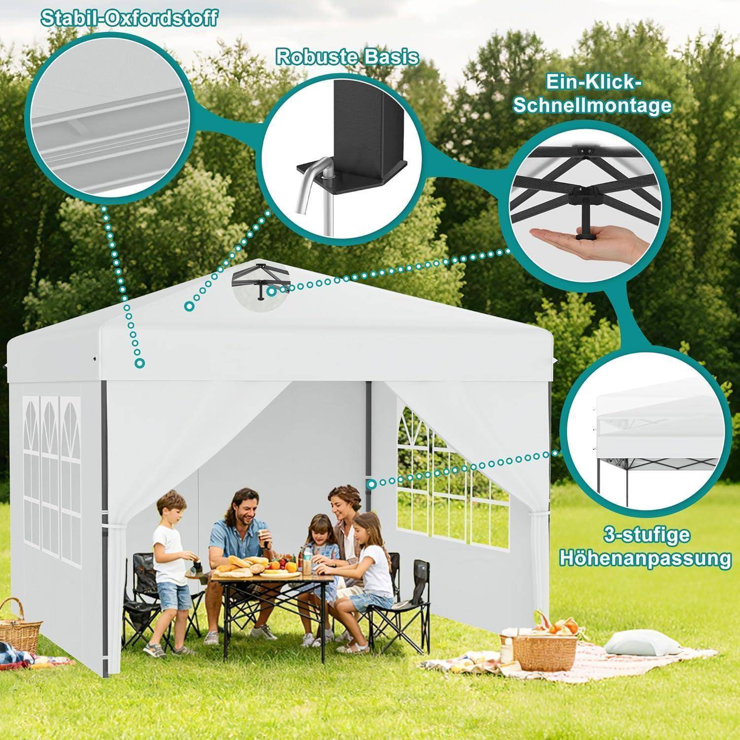 Weißes Pop-up-Pavillon-Zelt mit Seitenwänden über einem Familienpicknick, mit Beschriftungen für robustes Dachmaterial, stabile Basis, Montage mit einem Klick und 3-stufige Höhenverstellung.