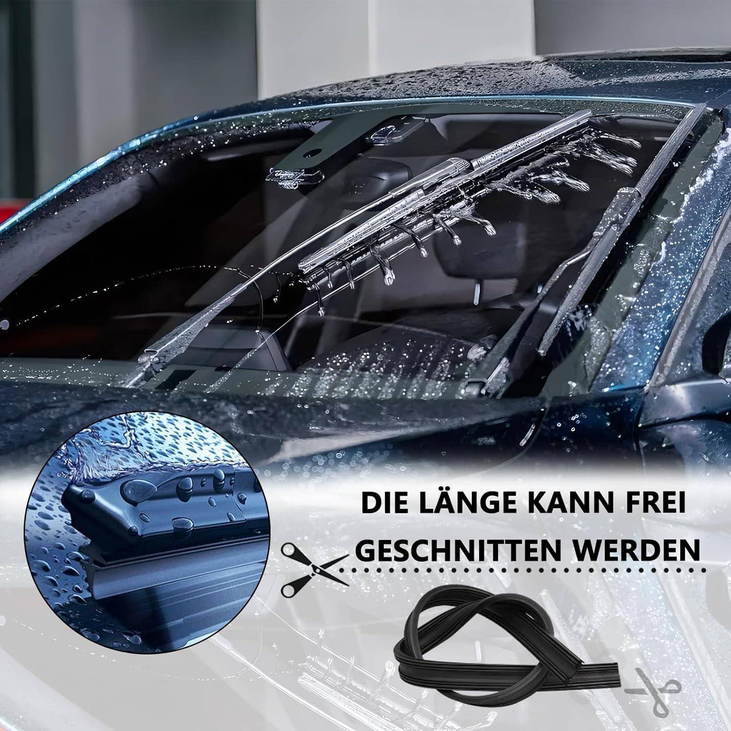 Windschutzscheibe mit Regen auf dem Glas und eine Einfügung zeigt einen schneidbaren Gummistreifen; deutscher Text lautet 