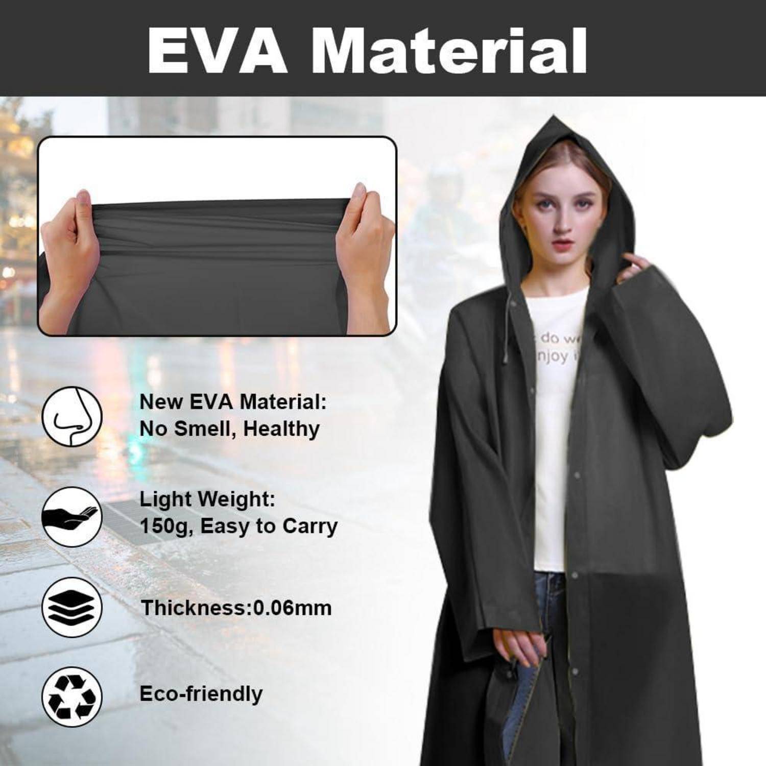 EVA-Material-Regenponcho, gezeigt mit Kapuzenmodell und Nahaufnahme des flexiblen Stoffes; verspricht keinen Geruch, leicht 150g, 0,06mm dick, umweltfreundlich.