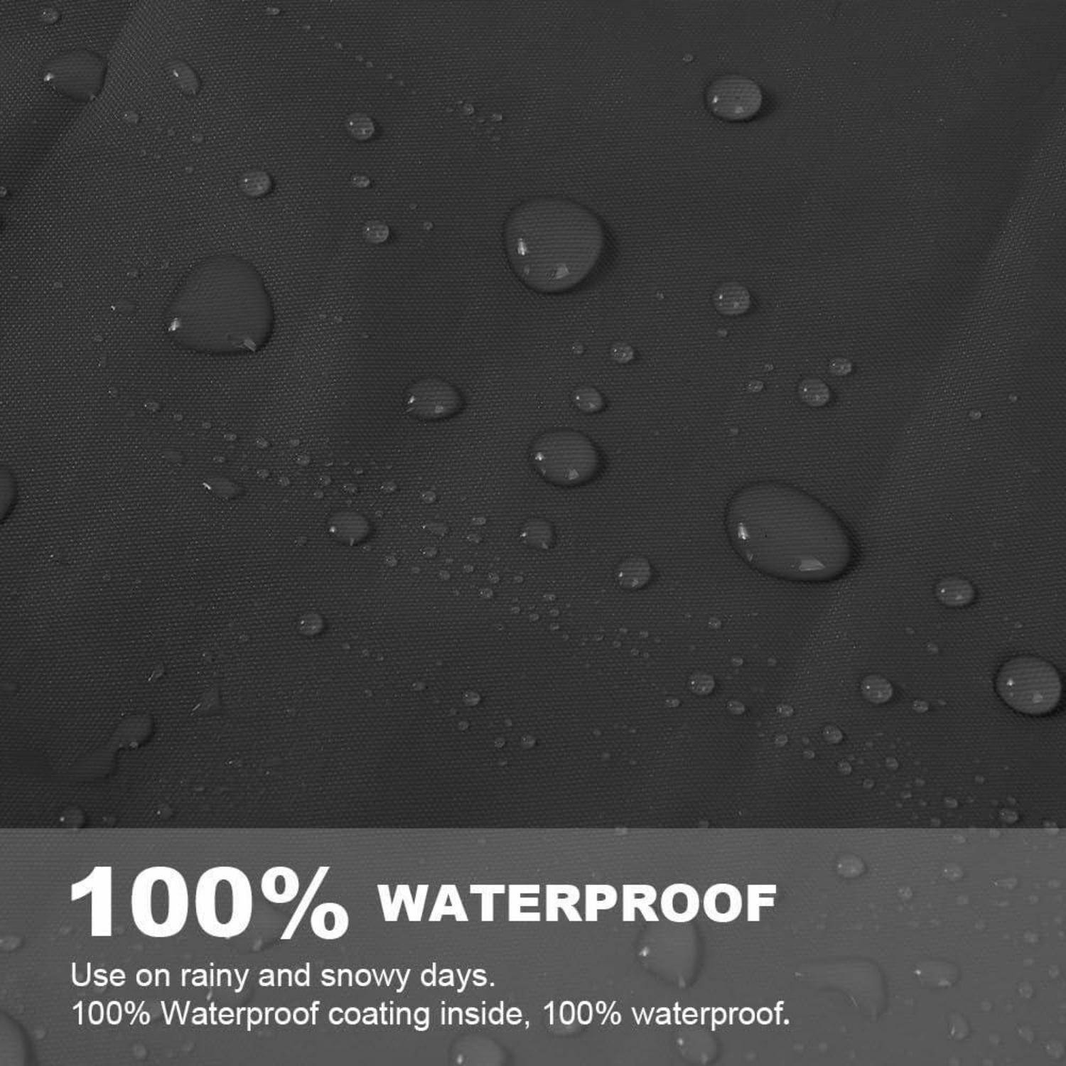 Schwarzer wasserfester Stoff mit Wassertropfen und Text, auf dem „100% WASSERDICHT