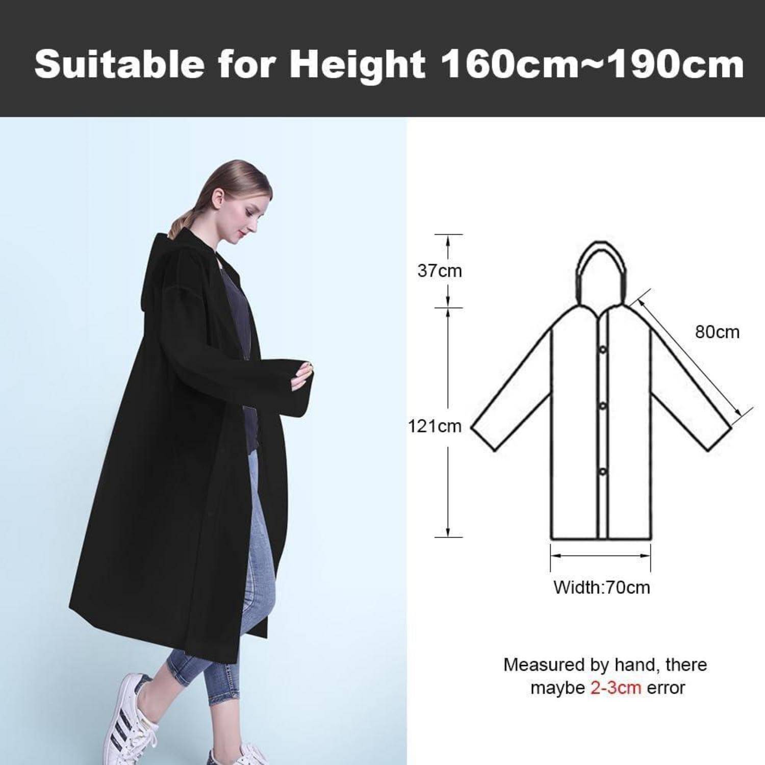 Größentabelle für einen Kapuzenmantel: geeignet für Körpergröße 160-190 cm, Breite 70 cm, Ärmel 80 cm, Mantellänge 121 cm, mit 2-3 cm Messfehler