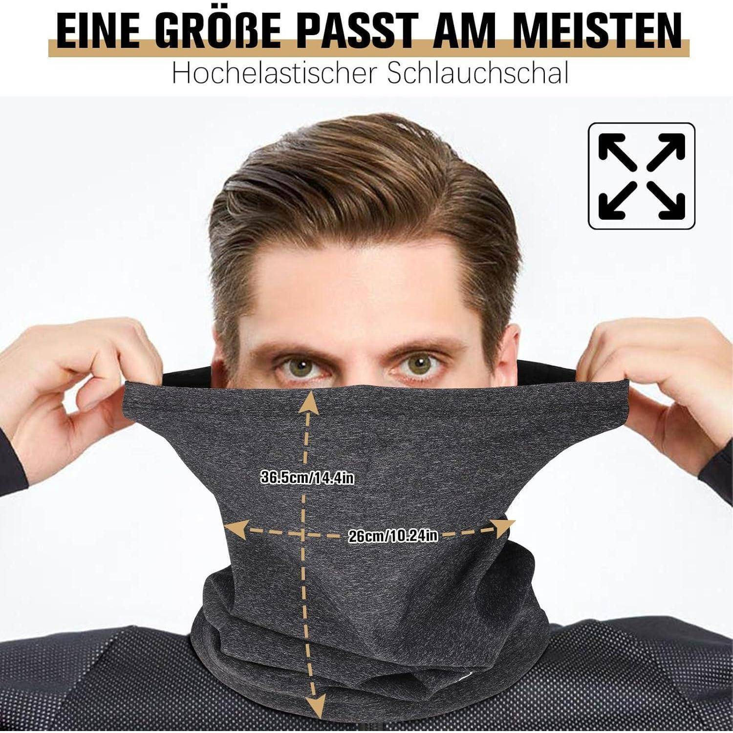 Mann, der einen hochelastischen Schlauchschal über die Nase gezogen trägt, mit Größenpfeilen und deutschem Text „EINE GRÖßE PASST AM MEISTEN" und „Hochelastischer Schlauchschal"".