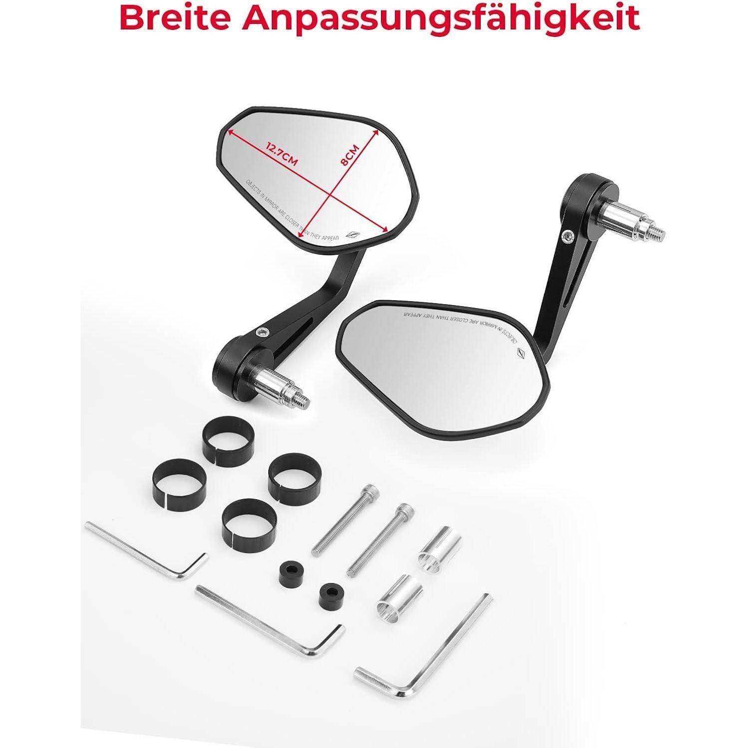 Zwei Motorrad-Seitenspiegel mit Befestigungshardware und Abstandhaltern, gekennzeichnet mit „Breite Anpassungsfähigkeit