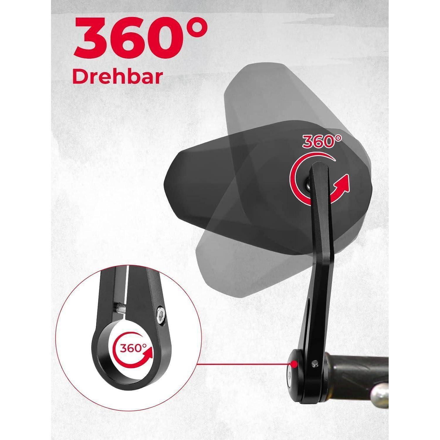 Produktgrafik zeigt einen Fahrradspiegel, der sich 360 Grad dreht, mit der Beschriftung „360° Drehbar