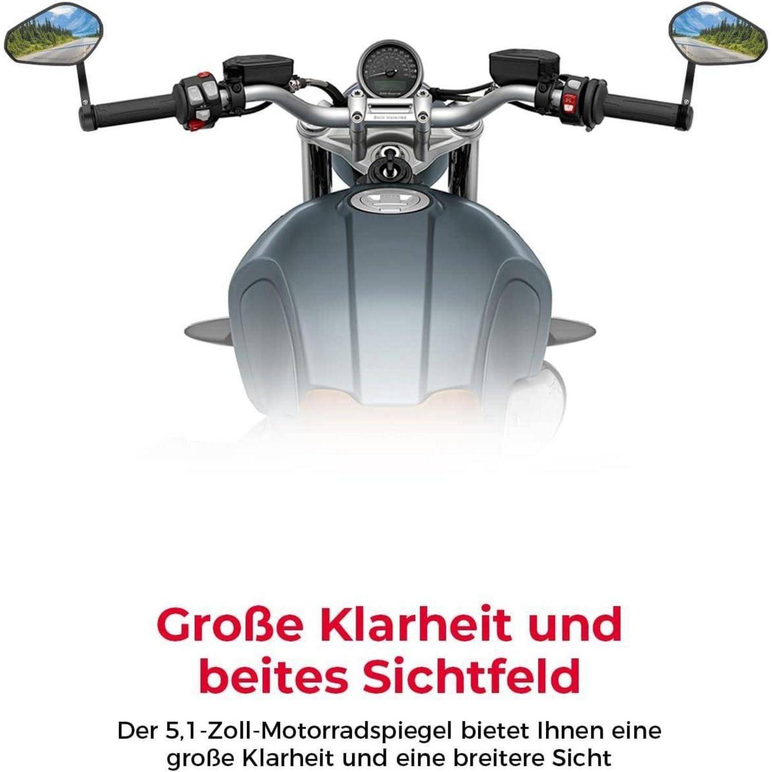 Motorrad-Frontansicht mit Lenkstange und Spiegeln über deutschem Text, der 5,1 Zoll große Motorradersatzspiegel mit großer Klarheit und Sichtfeld bewirbt.