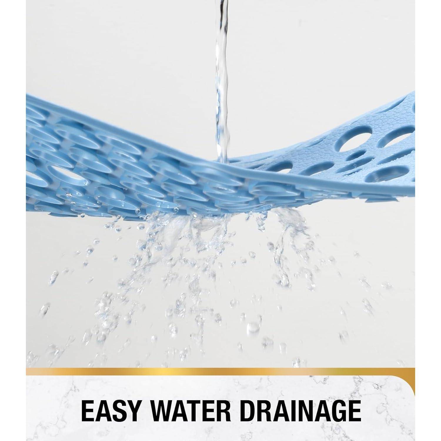 Blaue gelochte Matte unter fließendem Wasser zeigt einfache Wasserdrainage; der Text lautet „EINFACHE WASSERDRAINAGE