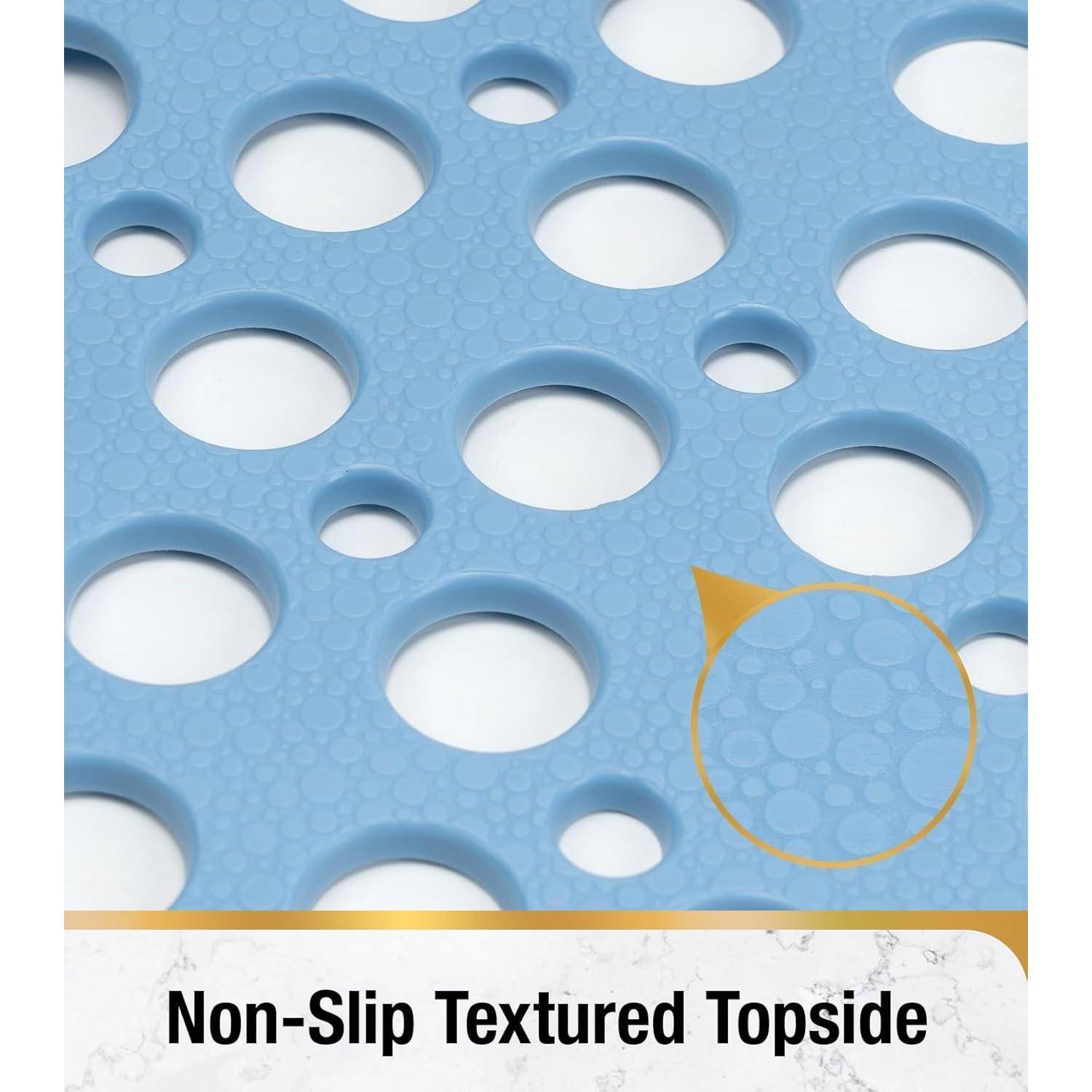 Blaue perforierte rutschfeste strukturierte Oberseite mit kreisförmigen Löchern, gekennzeichnet mit „Non-Slip Textured Topside