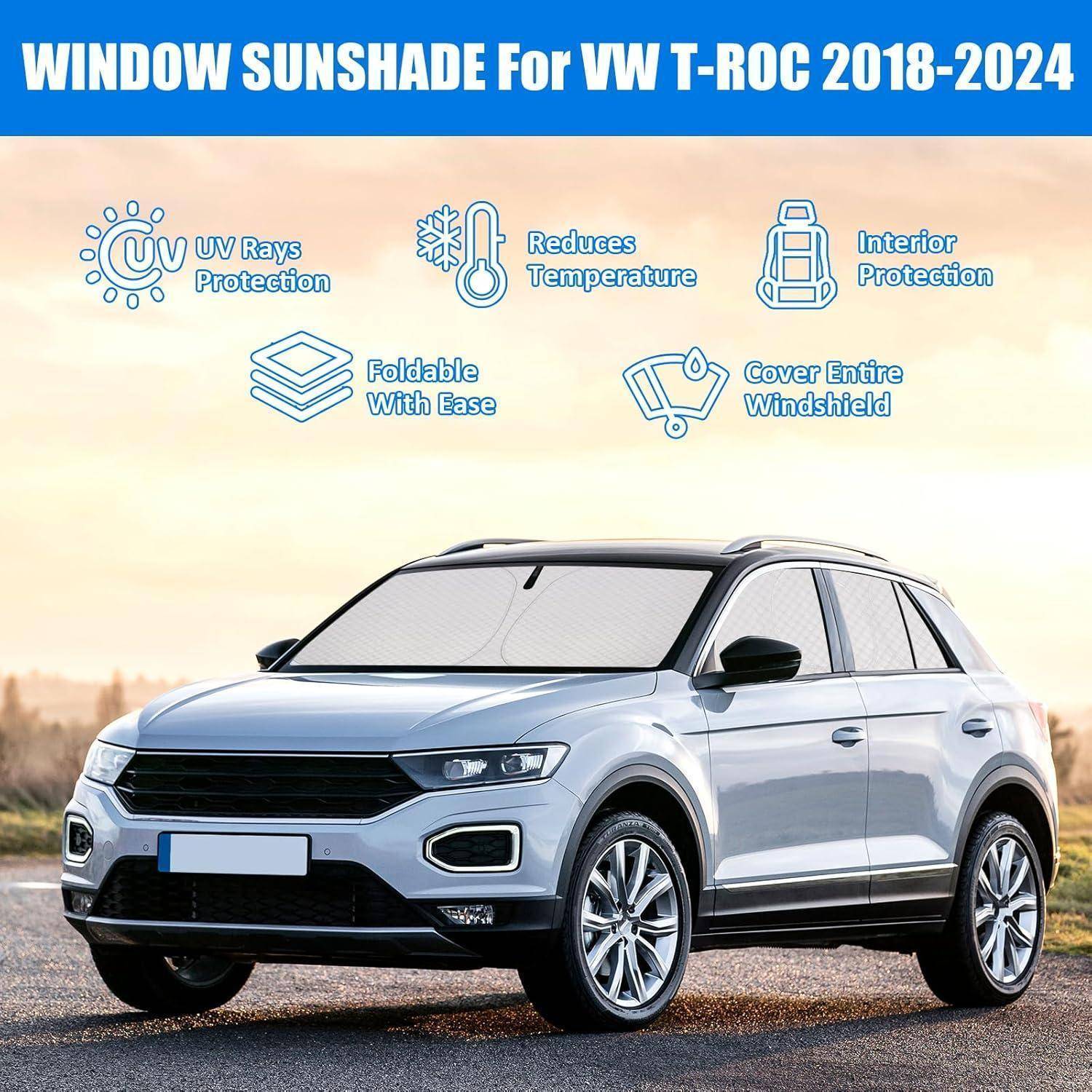Anzeige für VW T-Roc 2018-2024 Fenstersonnenschutz mit UV-Schutz, niedrigerer Temperatur, Innenraumschutz, faltbarem Design und vollständiger Windschutzscheiben-Abdeckung mit SUV-Abbildung.