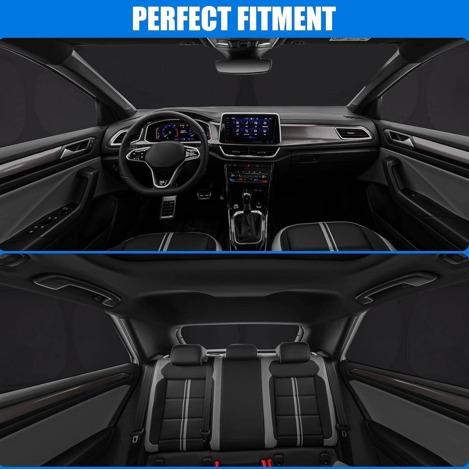 Geteiltes Bild eines Autoinnenraums mit Vorder- und Rücksitzen, mit dem Text „PERFECT FITMENT