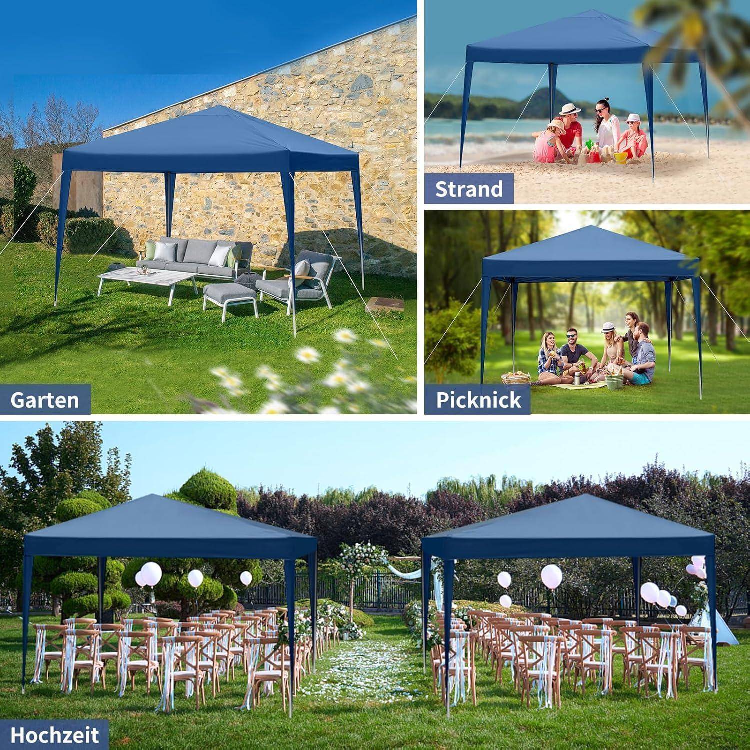 Collage zeigt ein blaues Pop-up-Zeltdach, das in einem Garten, am Strand, bei einem Picknick und bei einer Hochzeitsfeier verwendet wird.