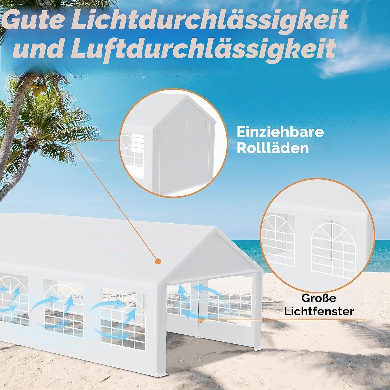Weißes Strandstoffzelt mit vergitterten Fenstern, die „Gute Lichtdurchlässigkeit und Luftdurchlässigkeit" hervorheben, ausfahrbaren Verschlüssen und großen Lichtfenstern.