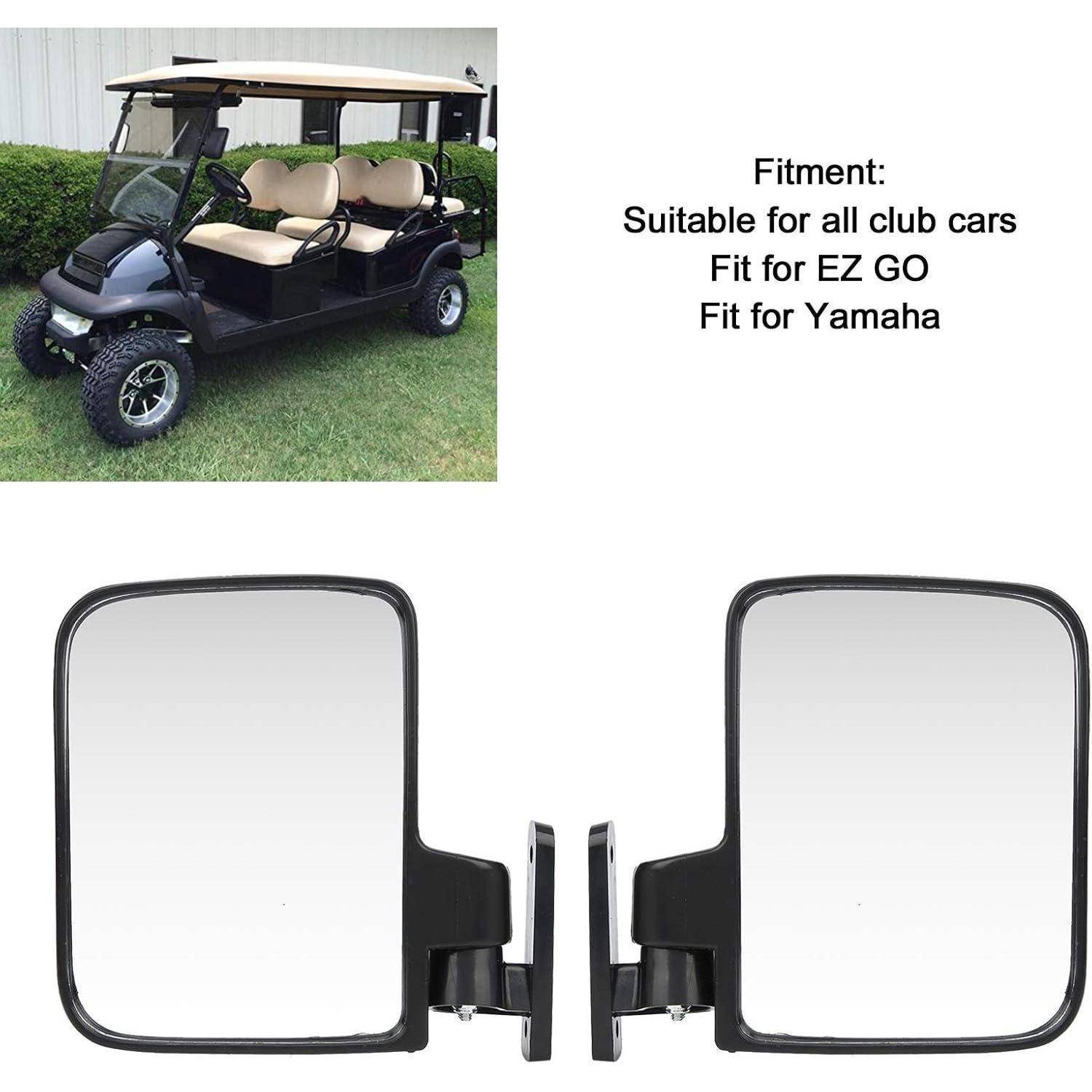 Produktbild zeigt ein Paar Seitenspiegel für einen Golfwagen mit einem montierten Beispiel auf einem Club Car und Text, der die Kompatibilität mit allen Club Cars, EZ GO und Yamaha angibt.