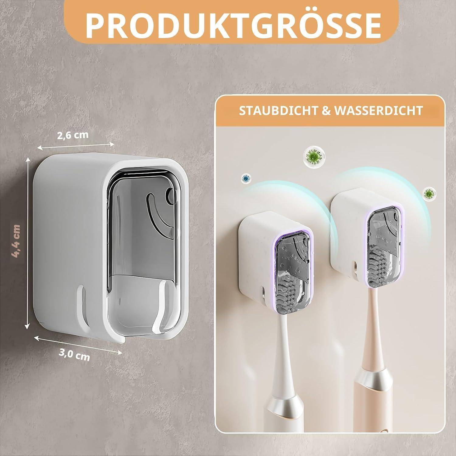 Produktgrößenillustration eines wandmontierten Zahnbürstenhalters mit den Abmessungen 4,4 cm Höhe, 3,0 cm Breite und 2,6 cm Tiefe, mit einer Beschriftung der Funktion „staubdicht und wasserdicht