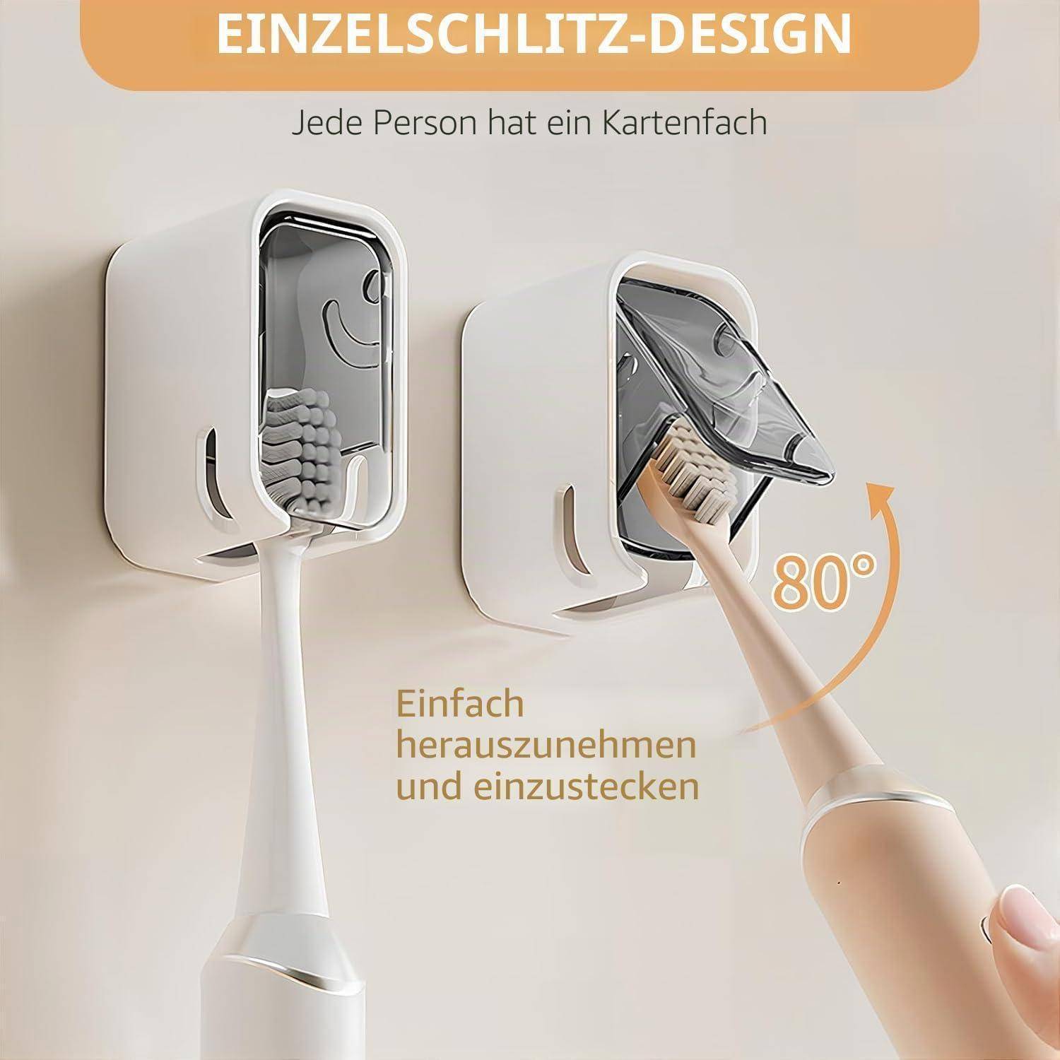 Illustration eines wandmontierten Zahnbursthalters mit Einzelschlitz-Design; Zahnbürste lässt sich einfach einführen und entfernen, neigbar um 80 Grad.