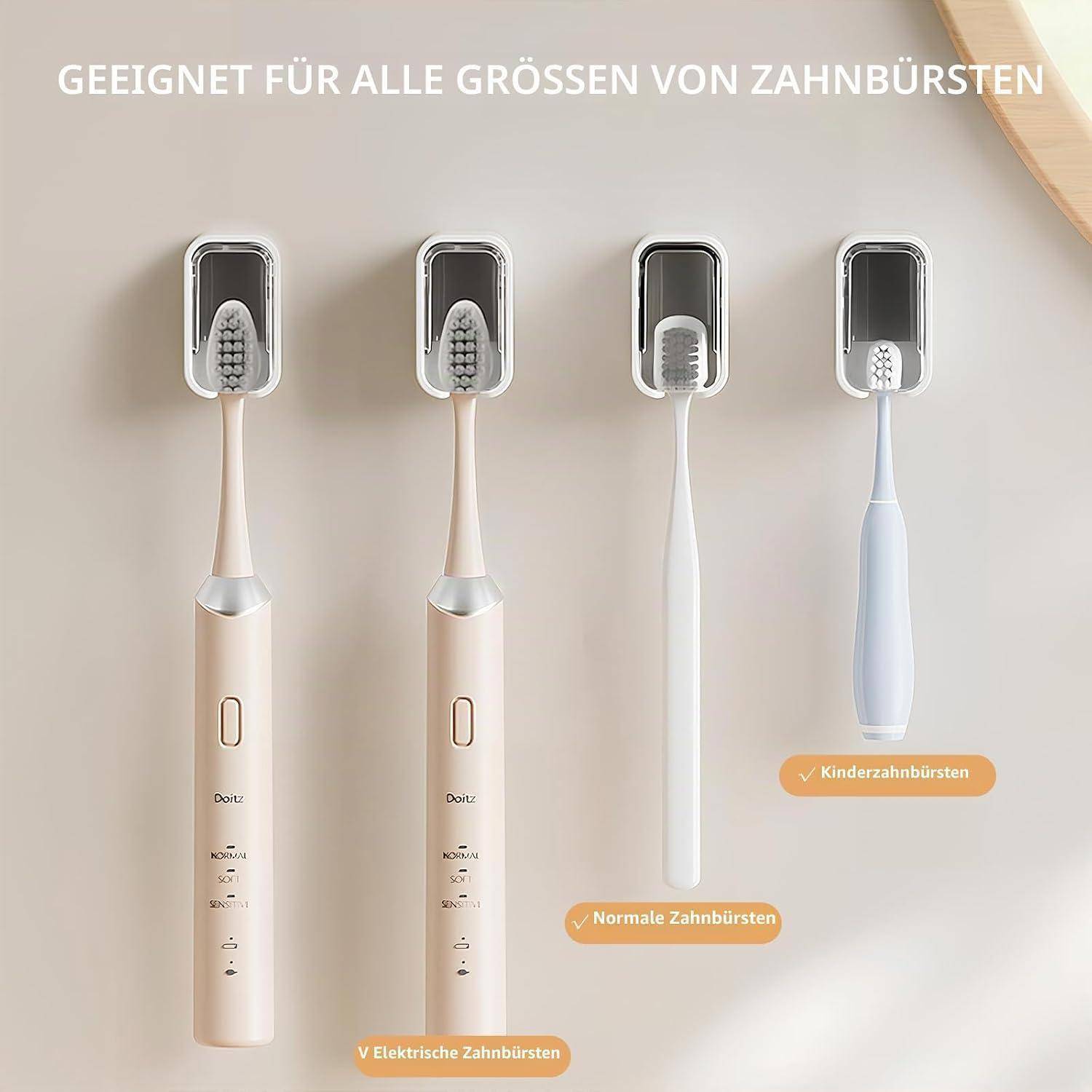 Vier Zahnbürstenkopfgrößen für Elektrozahnbürsten, normale Zahnbürsten und Kinderzahnbürsten gezeigt, auf Deutsch gekennzeichnet als für alle Bürstengrößen geeignet.