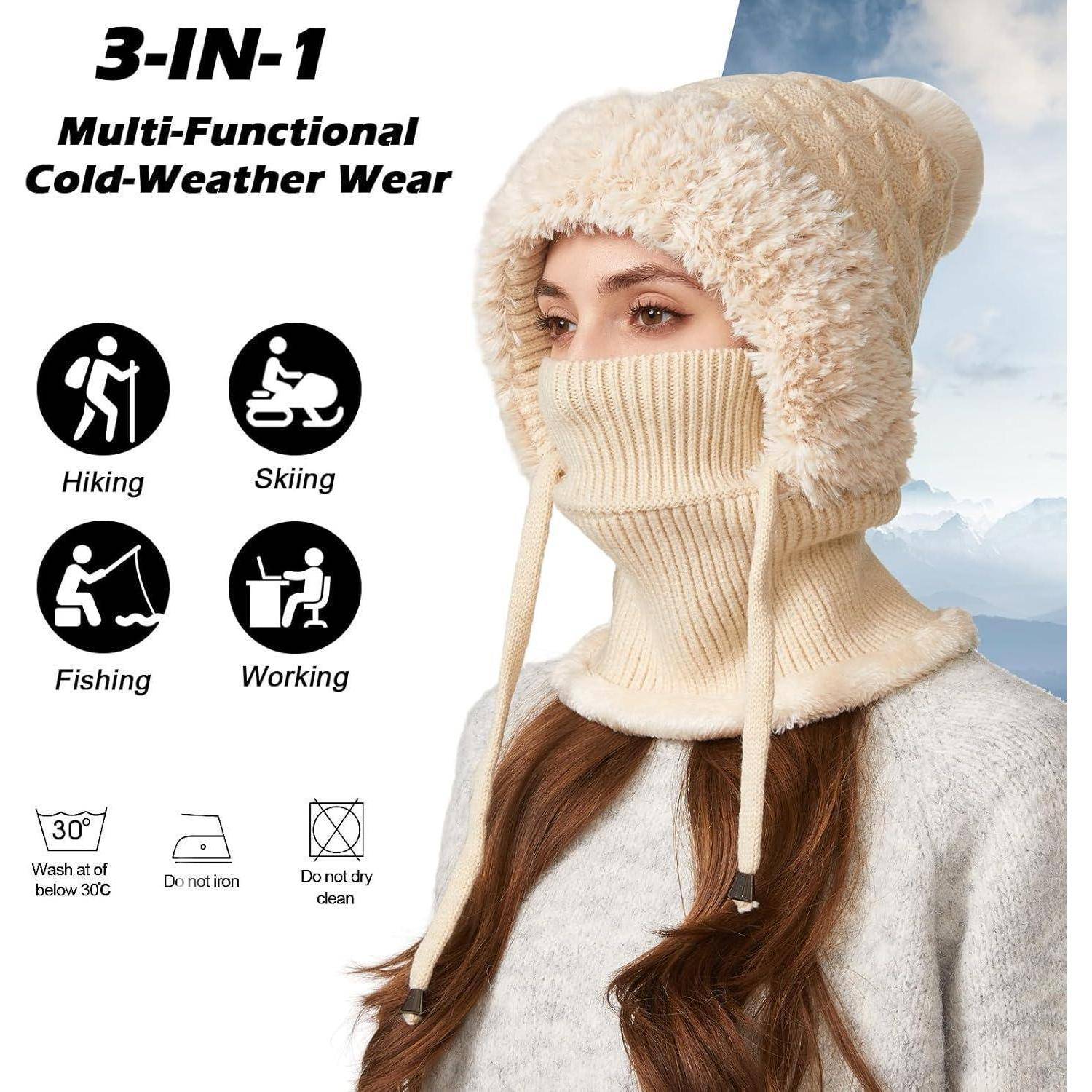 Produkt-Anzeige für eine „3-in-1 Multifunktionale Kältewetter-Bekleidung" Kopfbedeckung mit Gesichtsschutz, gezeigt an einer Frau, mit Symbolen für Wandern, Skifahren, Angeln und Arbeiten.