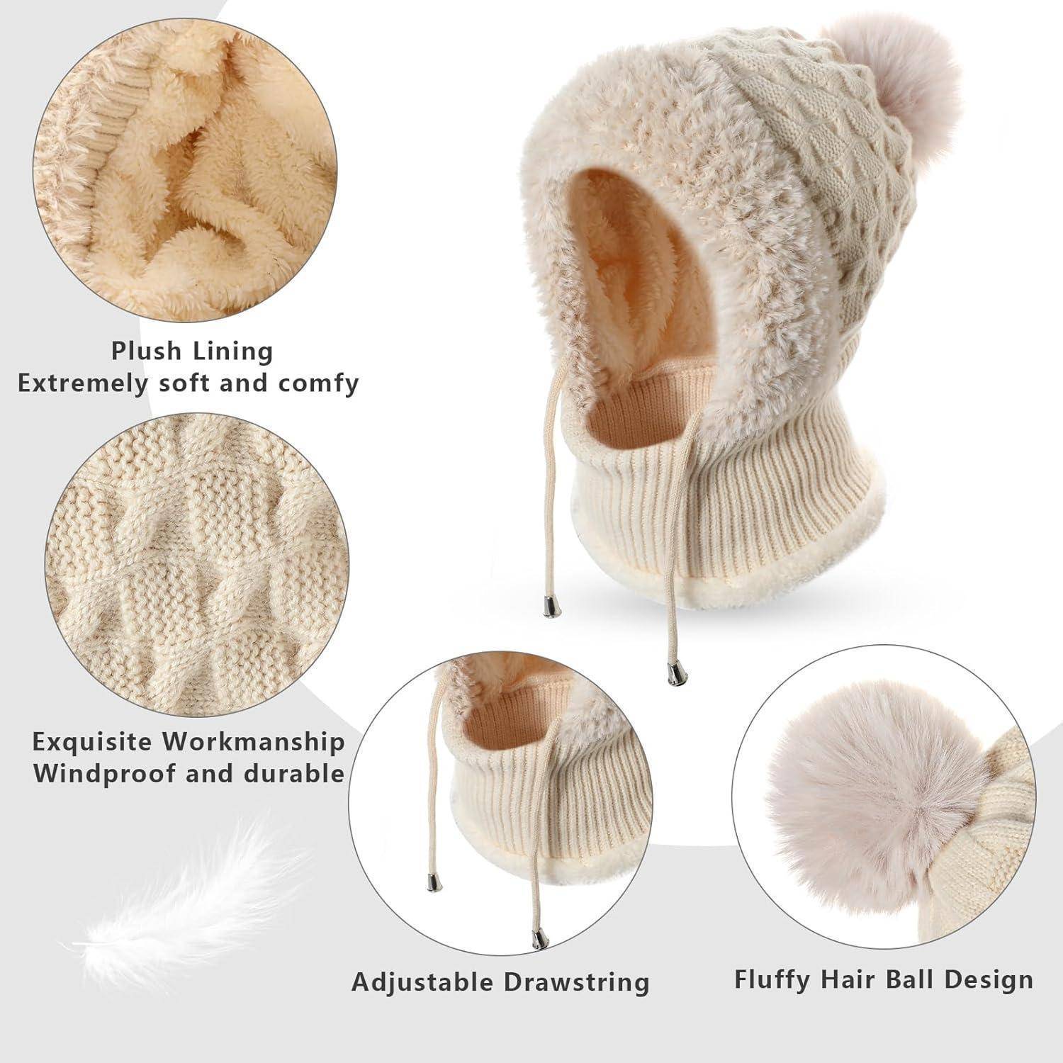 Infografik einer beigen Wintermütze mit Plüschfutter, windundurchlässigem Strickstoff, verstellbarer Zugschnur und flauschigem Bommel, mit Hervorhebung der weichen, langlebigen Eigenschaften.