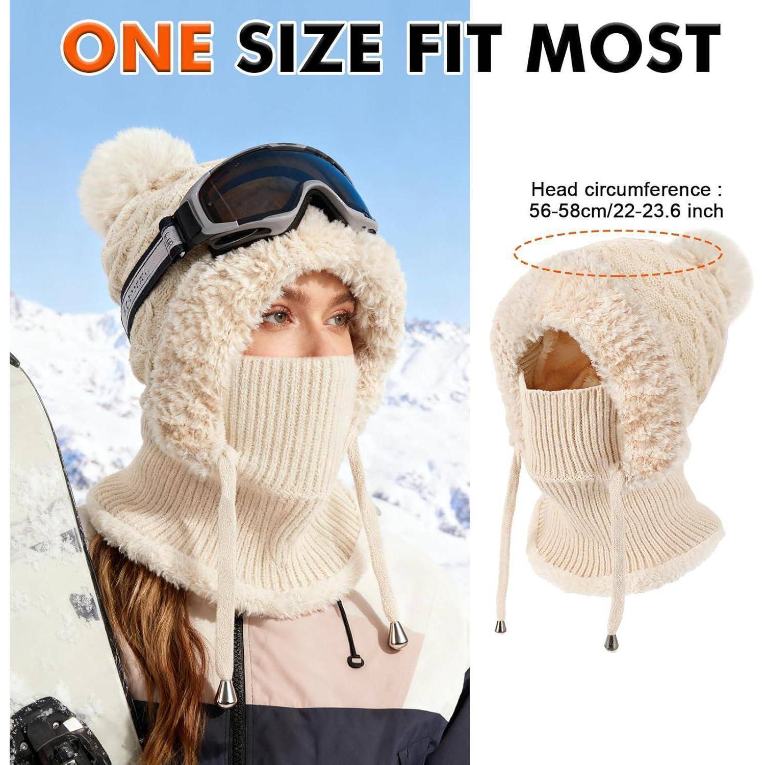 Winterskimütze und Gesichtsmaske mit Etikett „EINHEITSGRÖSSE PASST DEN MEISTEN" mit „Kopfumfang: 56-58cm/22-23,6 Zoll"", gezeigt an einem Modell und in der Produktansicht.