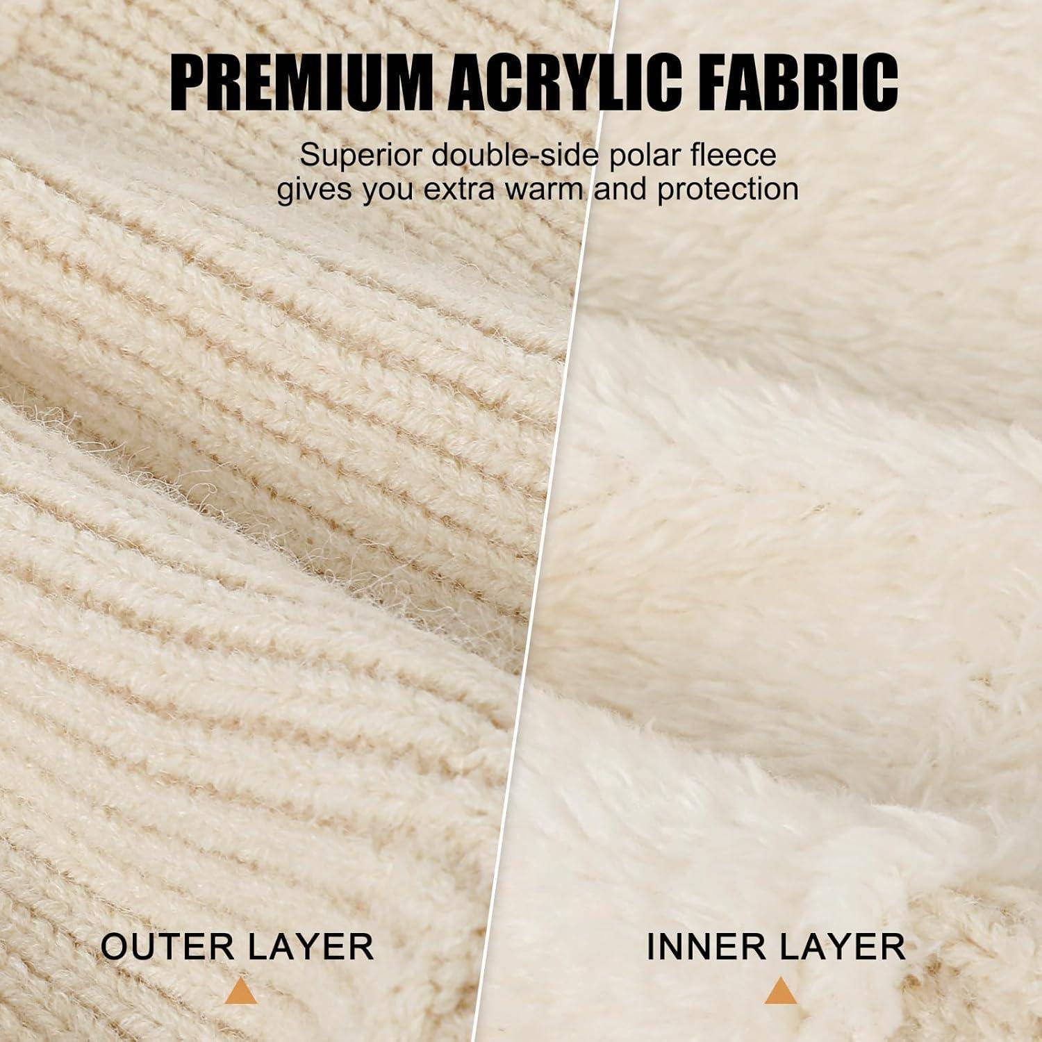 Split-view Stoffvergleich mit Premium-Acryl-Stoff: äußere Schicht strukturiertes geripptes Strickgewebe und innere Schicht weiches Polar-Fleece für Wärme und Schutz.