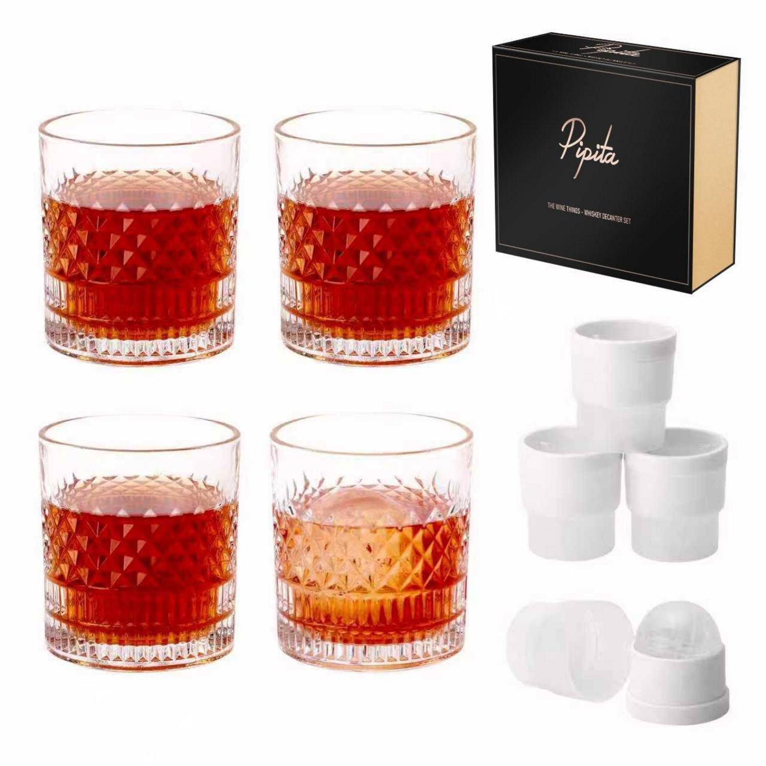 Produktbild von vier facettierten Whiskeygläsern, einer schwarzen 