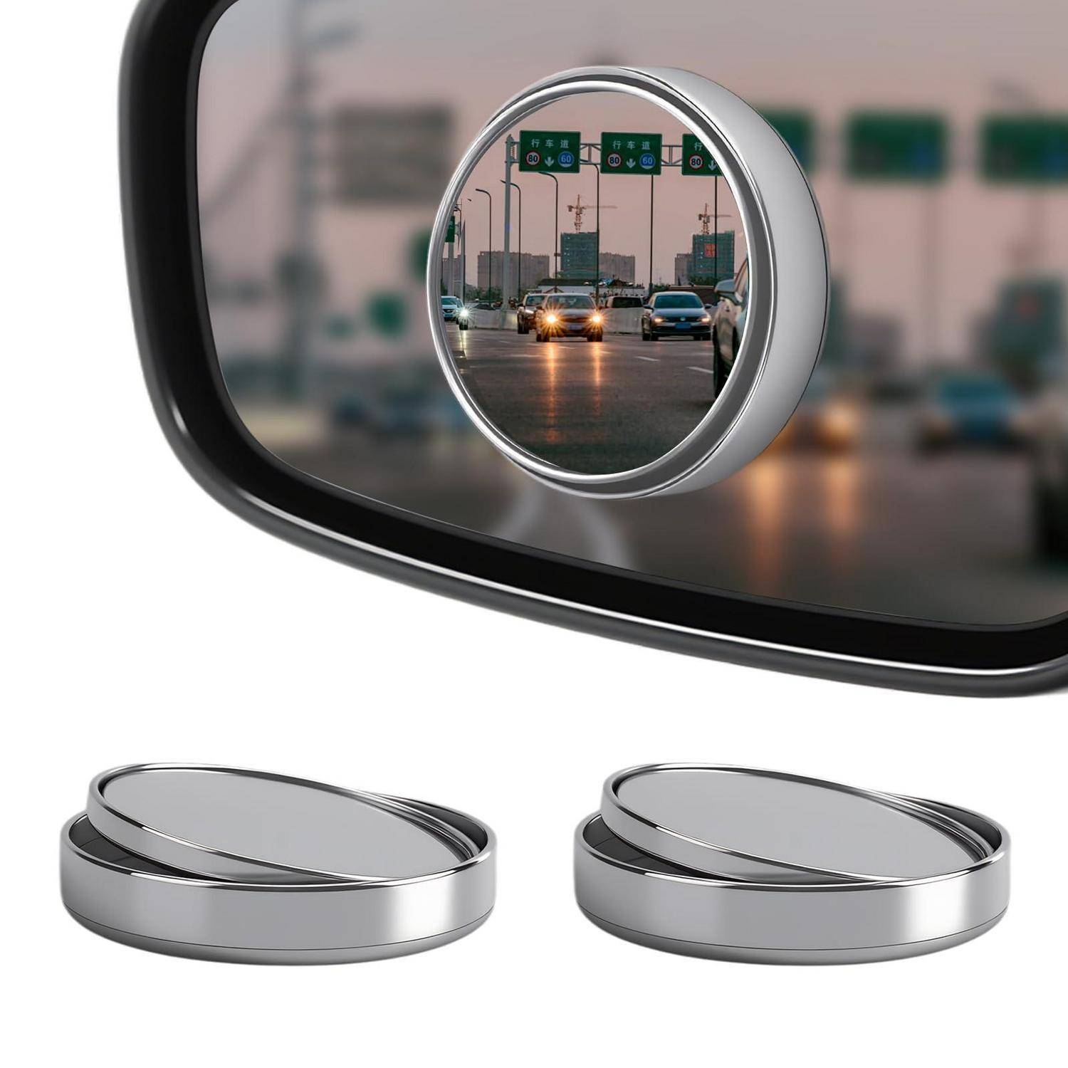 Magnetischer Clip-on-Fahrzeugseiten-Außenspiegel-Toter-Winkel-Aufsatz, dargestellt montiert auf einem Außenspiegel und als zwei separate runde Zubehörteile.
