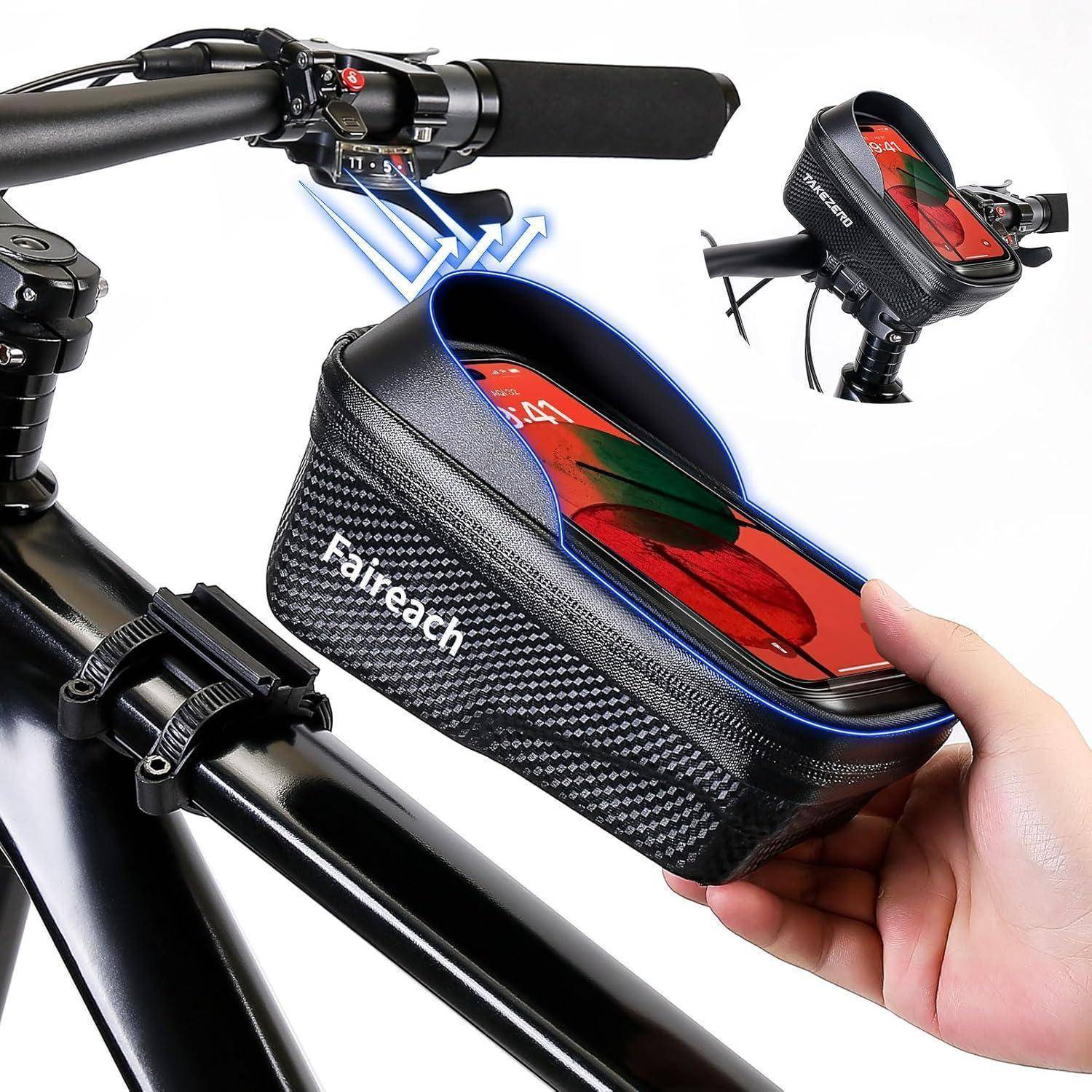 Lenkergetragene Fahrrad-Aufbewahrungstasche mit transparenter oberer Tasche für ein Telefon oder eine Karte, die von einem Fahrrad entfernt wird.