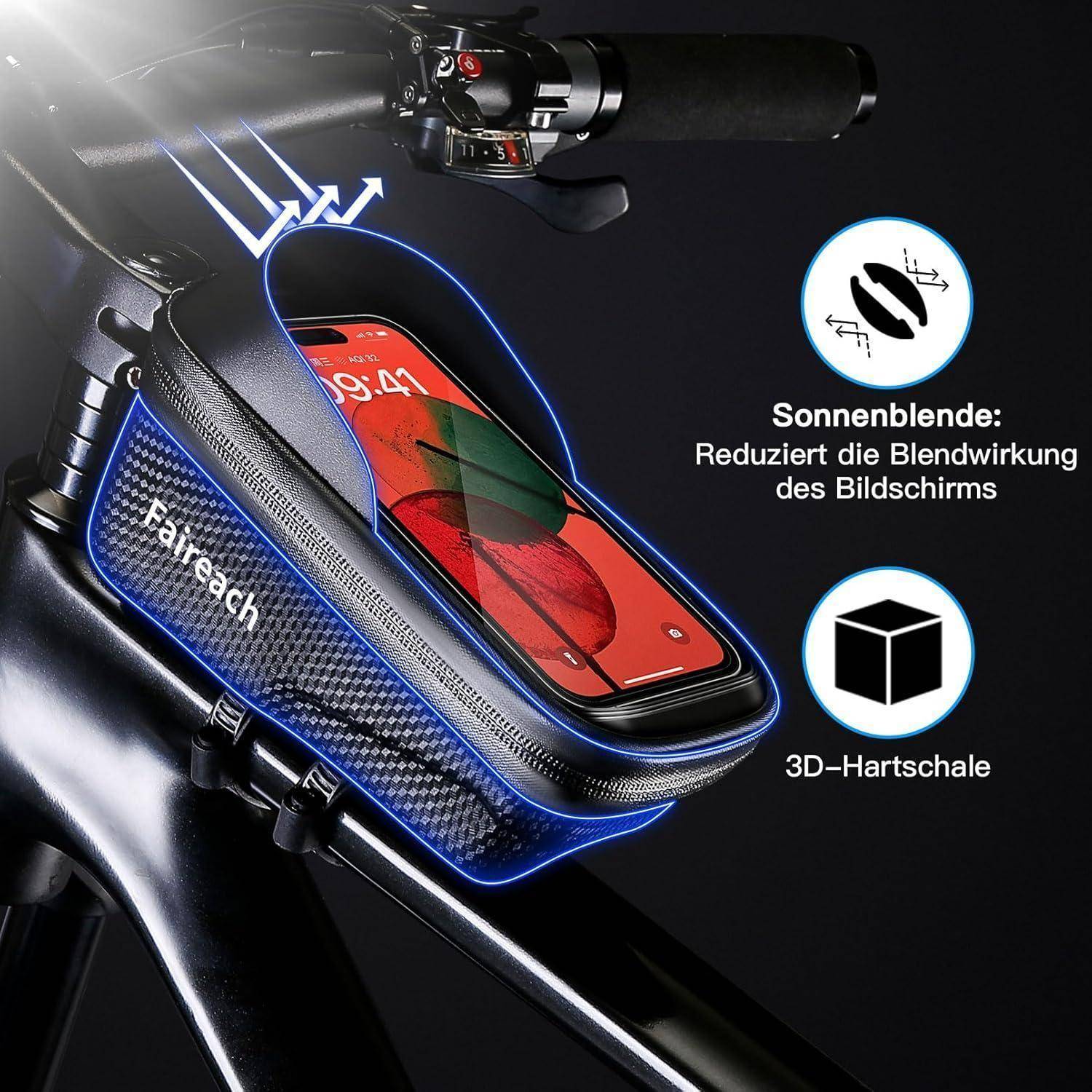 Fahrrad-Lenkertasche mit einem Smartphone in einer Sonnenblende, gekennzeichnet als „Fairback"; Symbole heben reduzierte Blendung und eine 3D-Hartschale hervor.