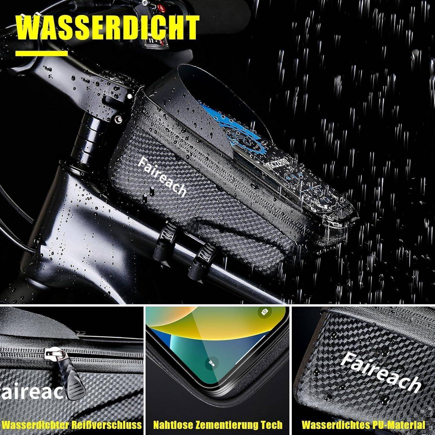 Wasserdichte Fairreach-Fahrradrahmentasche mit versiegeltem Reißverschluss, gezeigt im Regen; Einschublegenden heben wasserdichten Reißverschluss, nahtlose Verbindungstechnik und PU-Material hervor.