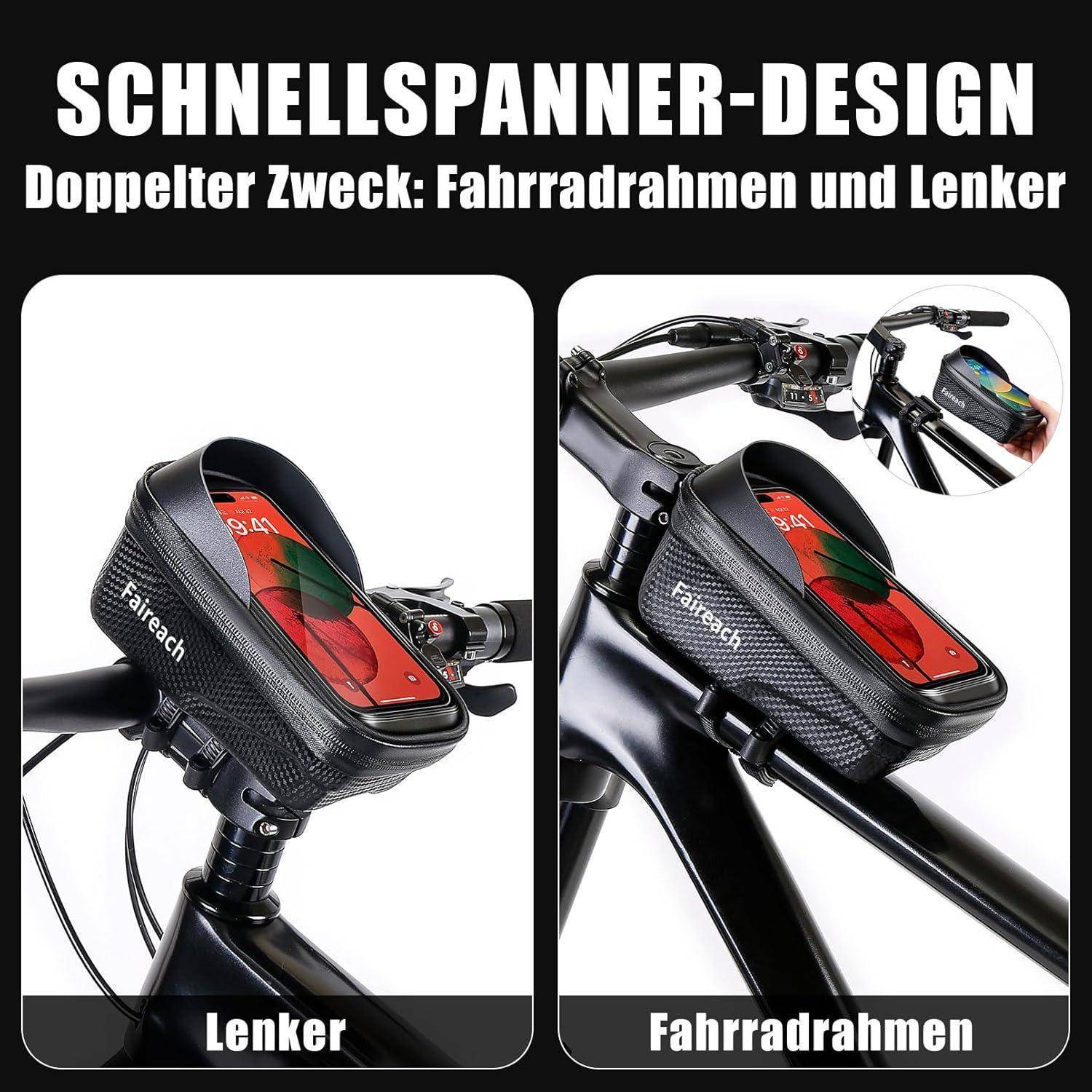 Faireach Fahrradtasche Rahmen Schnellverschluss, Fahrrad Rahmentasche Wasserdicht mit Große Kapazität Handytasche Fahrrad mit 0.25mm Touchscreen, Fa