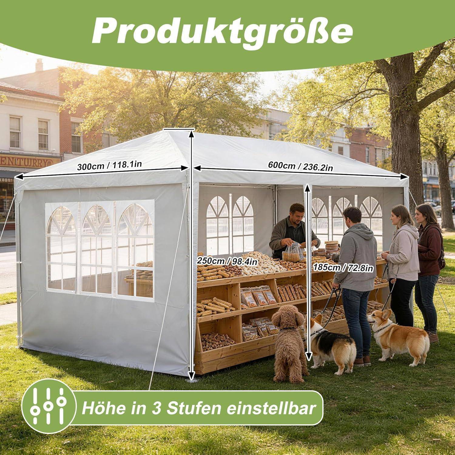 Produktgrößendiagramm eines grauen Outdoor-Zeltstandes mit gekennzeichneten Abmessungen von 300 cm mal 600 cm, Höhe 250 cm oder 185 cm und verstellbarer Höhe in 3 Stufen.