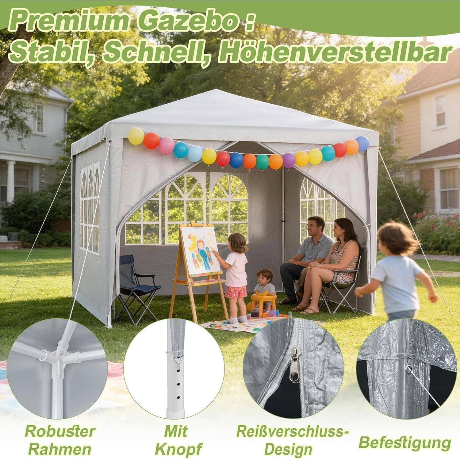 Werbebilder eines weißen Pop-Up-Pavillons mit Familie im Inneren; deutscher Text sagt „Premium Pavillon: Stabil, Schnell, Höhenverstellbar" und hebt robustes Gestell, Höhenverstellbarkeit, Reißverschluss-Verschluss und Befestigung hervor.