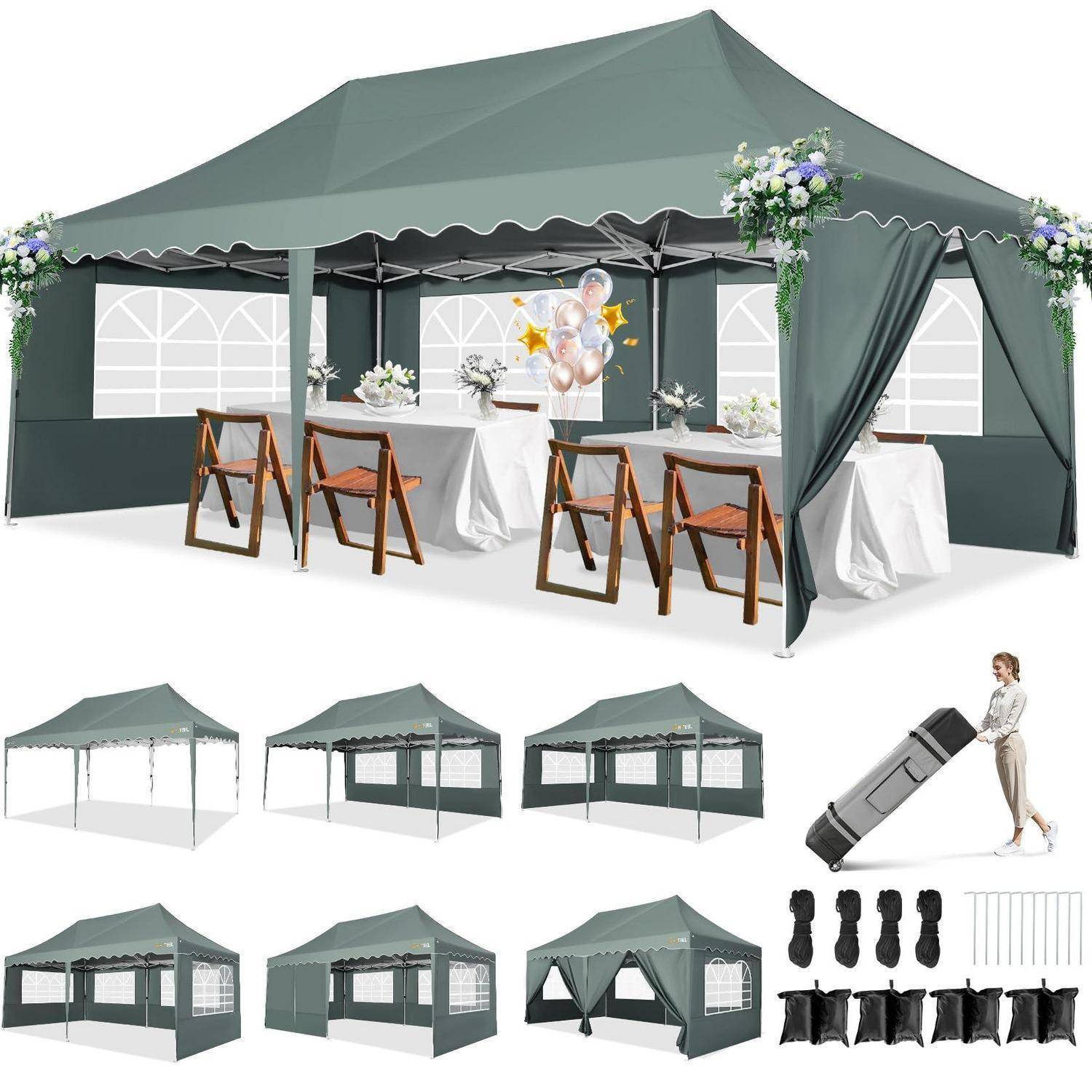 Collage zeigt ein grünes Outdoor-Pavillon-Zelt mit Seitenwänden und Tischen, sowie kleinere Ansichten des Zelts, der Tragetasche, der Heringe und der Zubehörteile.