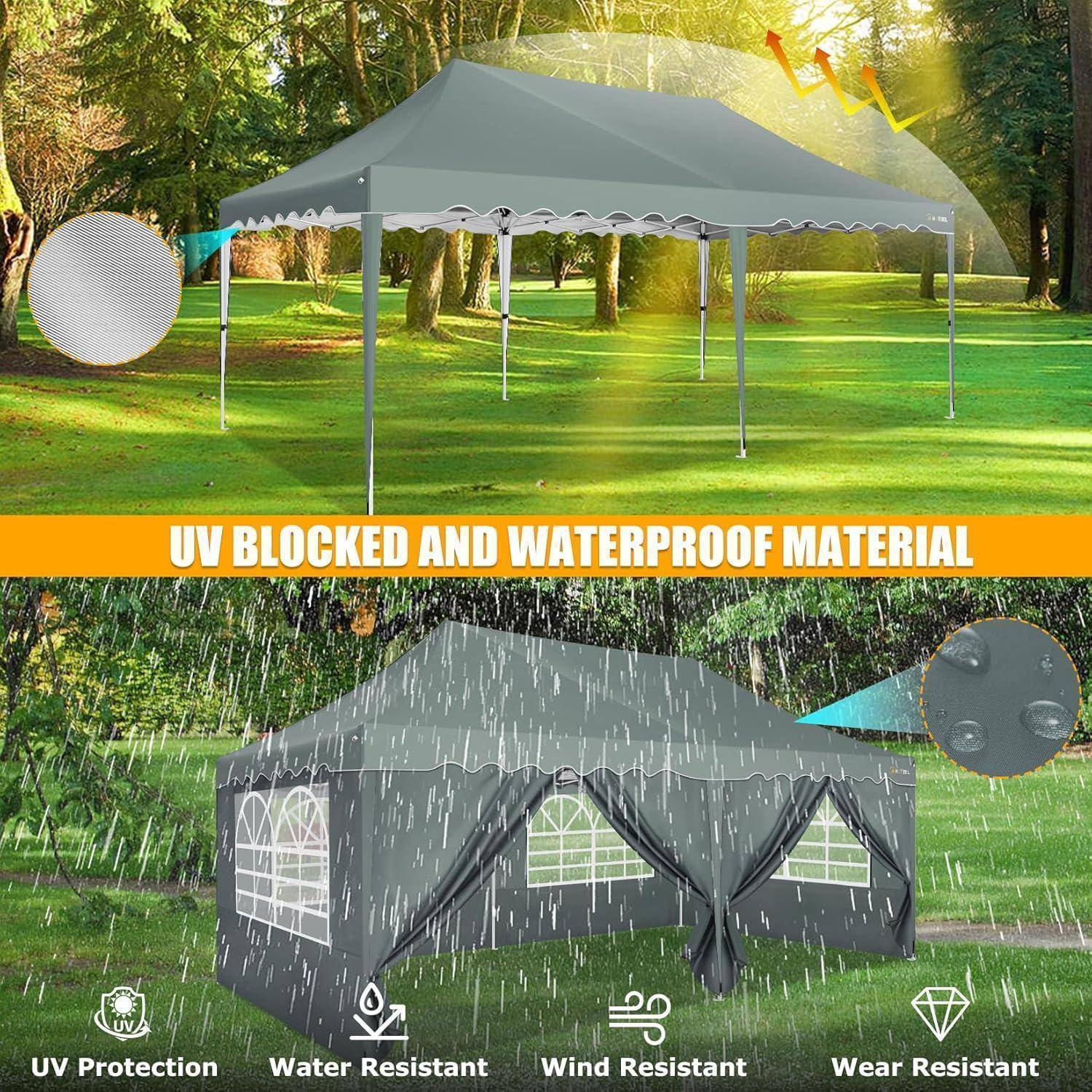 Werbeabbildung eines grauen Outdoor-Pavillon-Zelts an einem sonnigen Park und bei starkem Regen, mit der Aufschrift „UV-BLOCKIERENDES UND WASSERDICHTES MATERIAL" mit Symbolen für UV-Schutz, Wasser-, Wind- und Verschleißbeständigkeit.