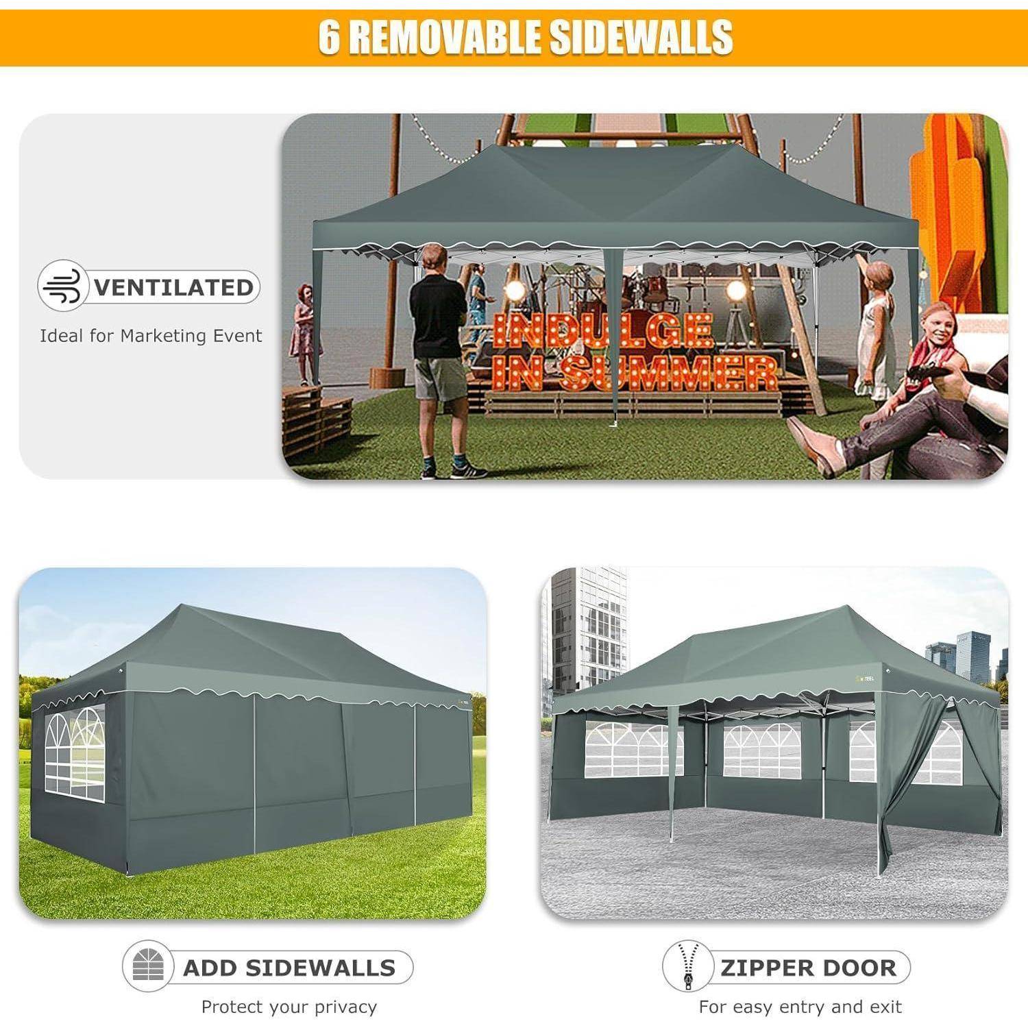 Werbegrafiktext für ein grünes Pavillon-Zelt mit 6 abnehmbaren Seitenwänden, belüftetes Design, zusätzliche Seitenwände und Optionen für Reißverschlusstore.