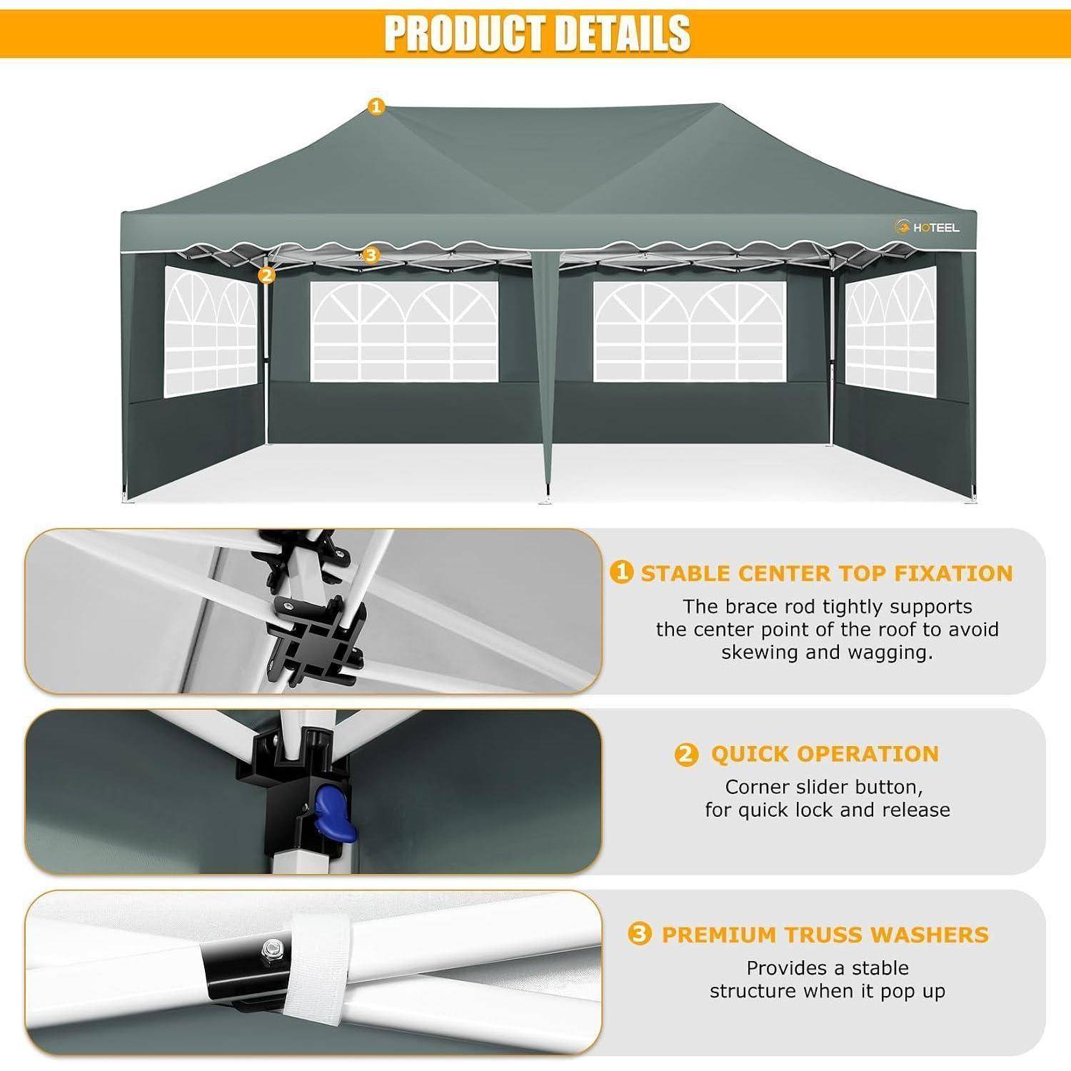 Produktdetails-Grafik eines Popup-Baldachins mit drei Funktionen: stabile mittlere Befestigung an der Oberseite, schnell verstellbare Eckschieberknöpfe und hochwertige Fachwerk-Unterlegscheiben zur Unterstützung.