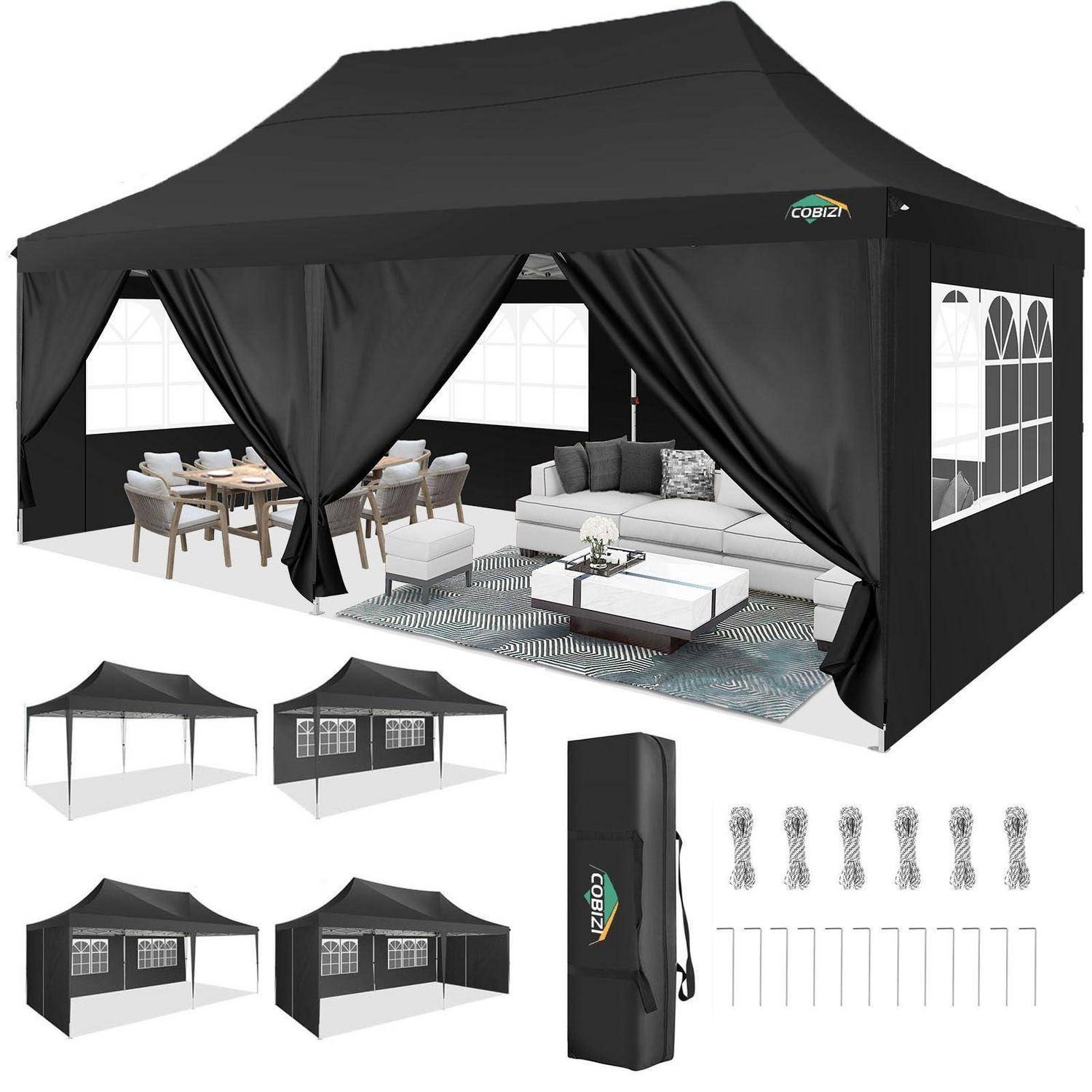 Schwarzes Pop-up-Pavillon-Zelt mit abnehmbaren Seitenwänden, gezeigt als aufgebauter Außenbereich und zusammengeklappt in einer Tragetasche mit Heringen und Abspannseilen im Lieferumfang enthalten.