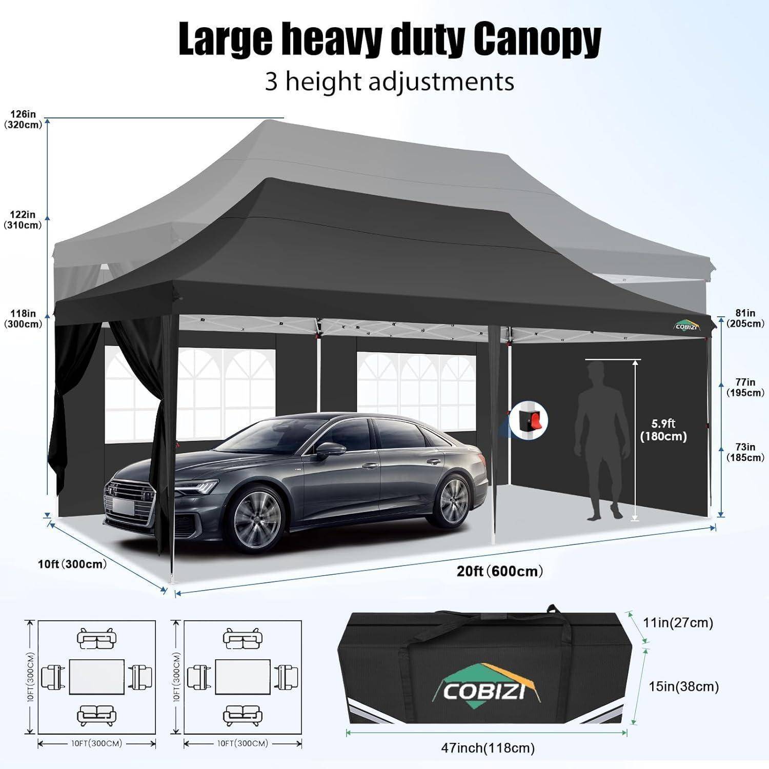 # Diagramm eines großen Heavy-Duty-Carports mit 3 Höheneinstellungen, mit Auto im Inneren, Abmessungen, Seitenwänden und einer Größe von 10 Fuß x 20 Fuß.