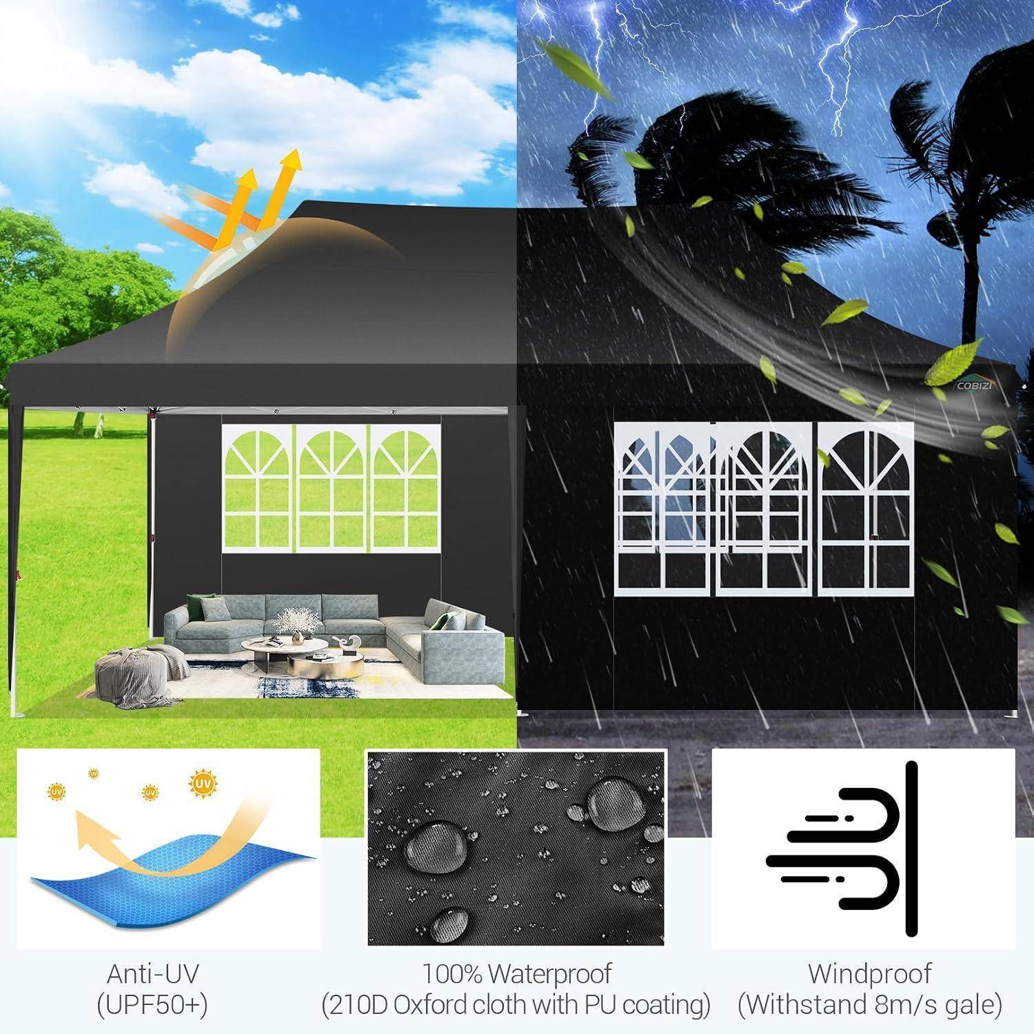 Illustration eines Hausadachs und der Wände, die Wetterschutz zeigen: UV-Schutz, 100% wasserdicht und winddicht gegen Sonne, Regen und starken Wind.