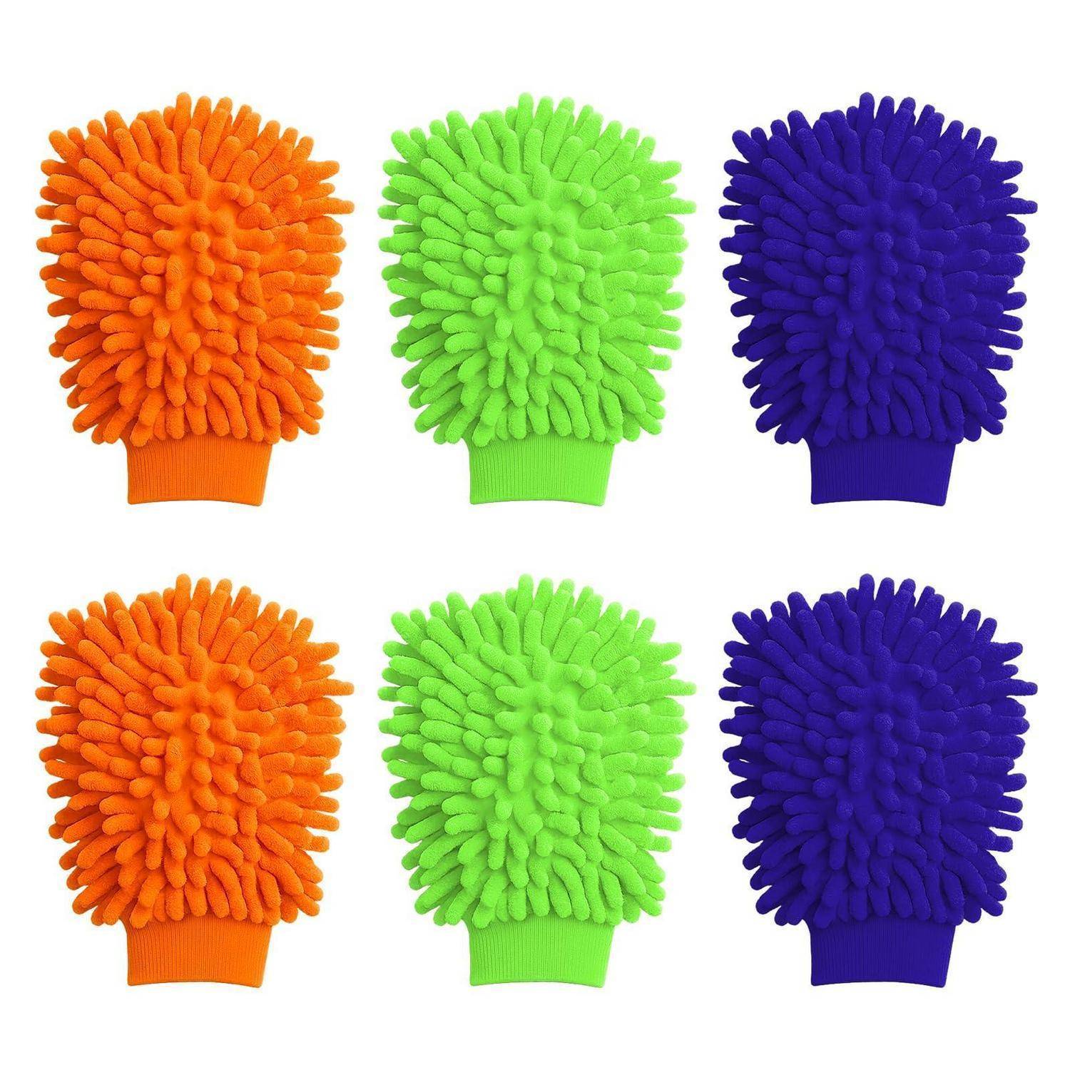 Sechs Mikrofaser-Chenille-Reinigungshandschuhe oder -Handschonen in Orange, Grün und Lila, gezeigt in zwei Reihen auf weißem Hintergrund.